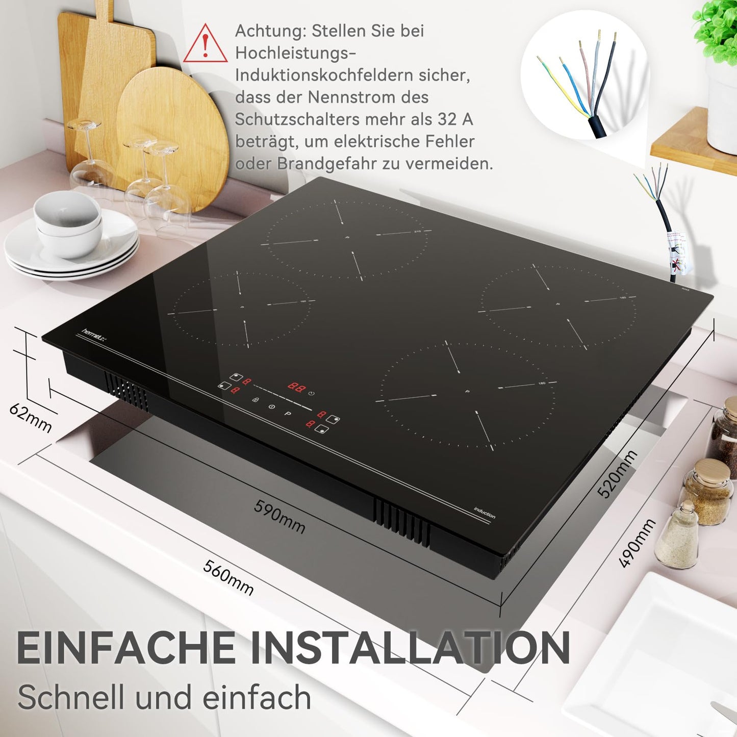 Hermitlux kochfeld 28,8cm, Glaskeramik Kochfeld 2 Platten, 9 Leistungsstufen, Touch-Steuerung, Timer, Kindersicherung, Geeignet für Alle Töpfe, 3300W