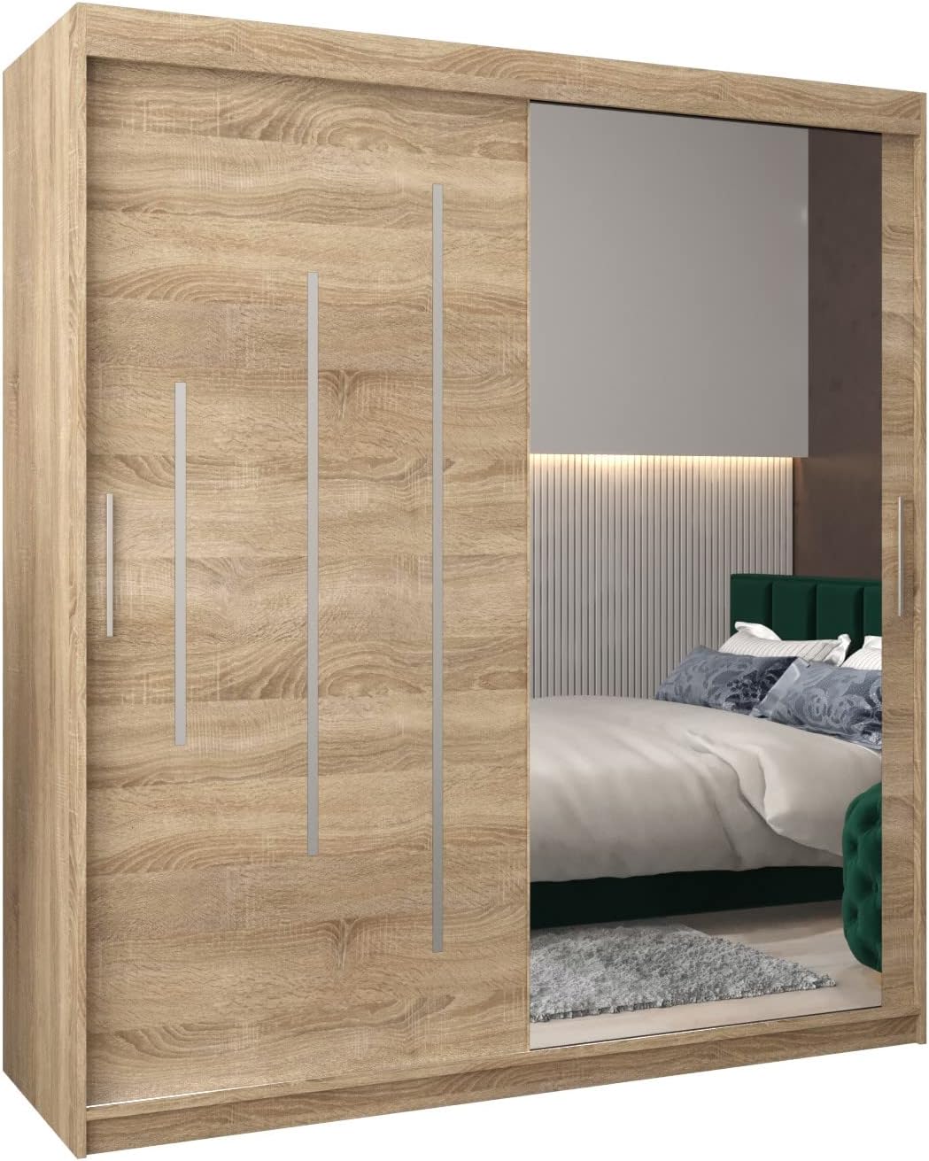 MEBLE KRYSPOL Kleiderschrank mit Spiegel York 2 - Garderobenschrank - Schrank Schlafzimmer - Mehrzweckschrank Zwei Schiebetüren - Regalen - Flur Möbel - Kleiderstange Schrank - Allzweckschrank