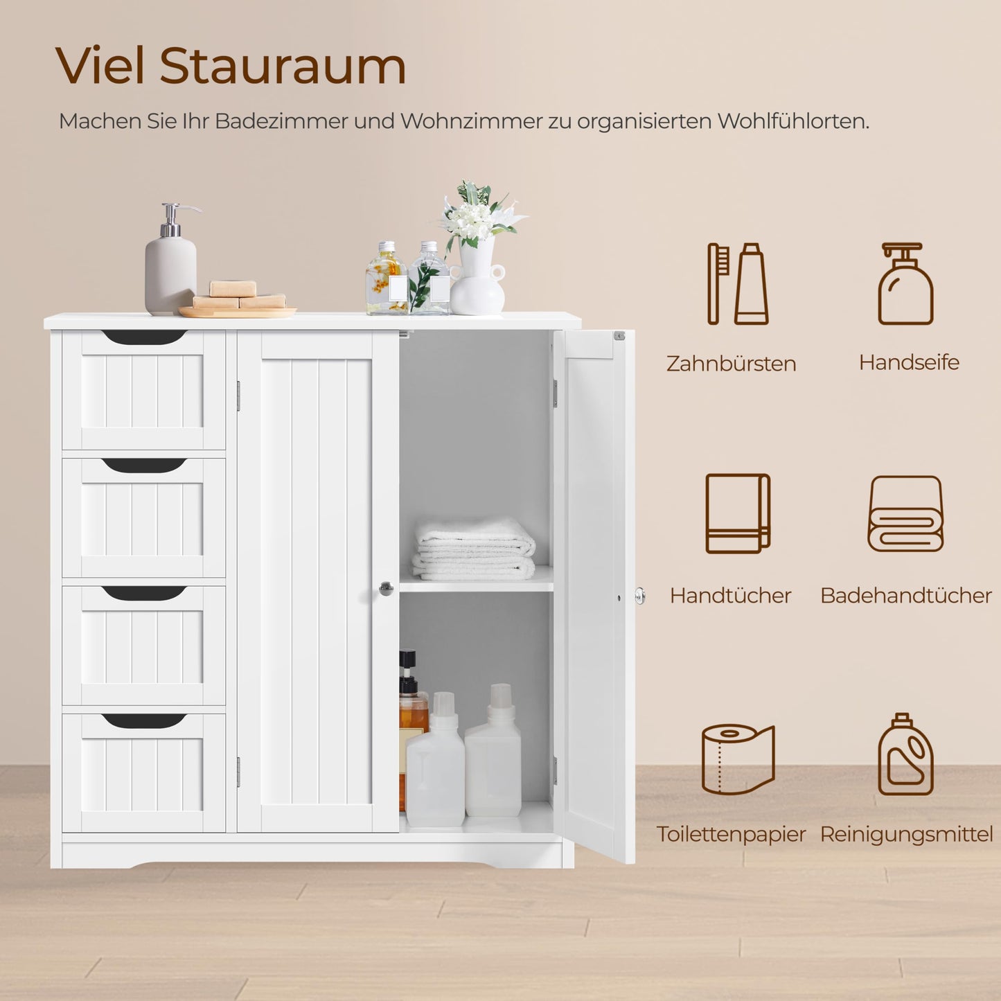 Yaheetech Bathroom Cabinet Floor Cabinet with 4 Drawers and 2 Doors Bathroom Cabinet Floor Cabinet with Height-Adjustable Shelf for Bathroom Living Room Hallway Kitchen White