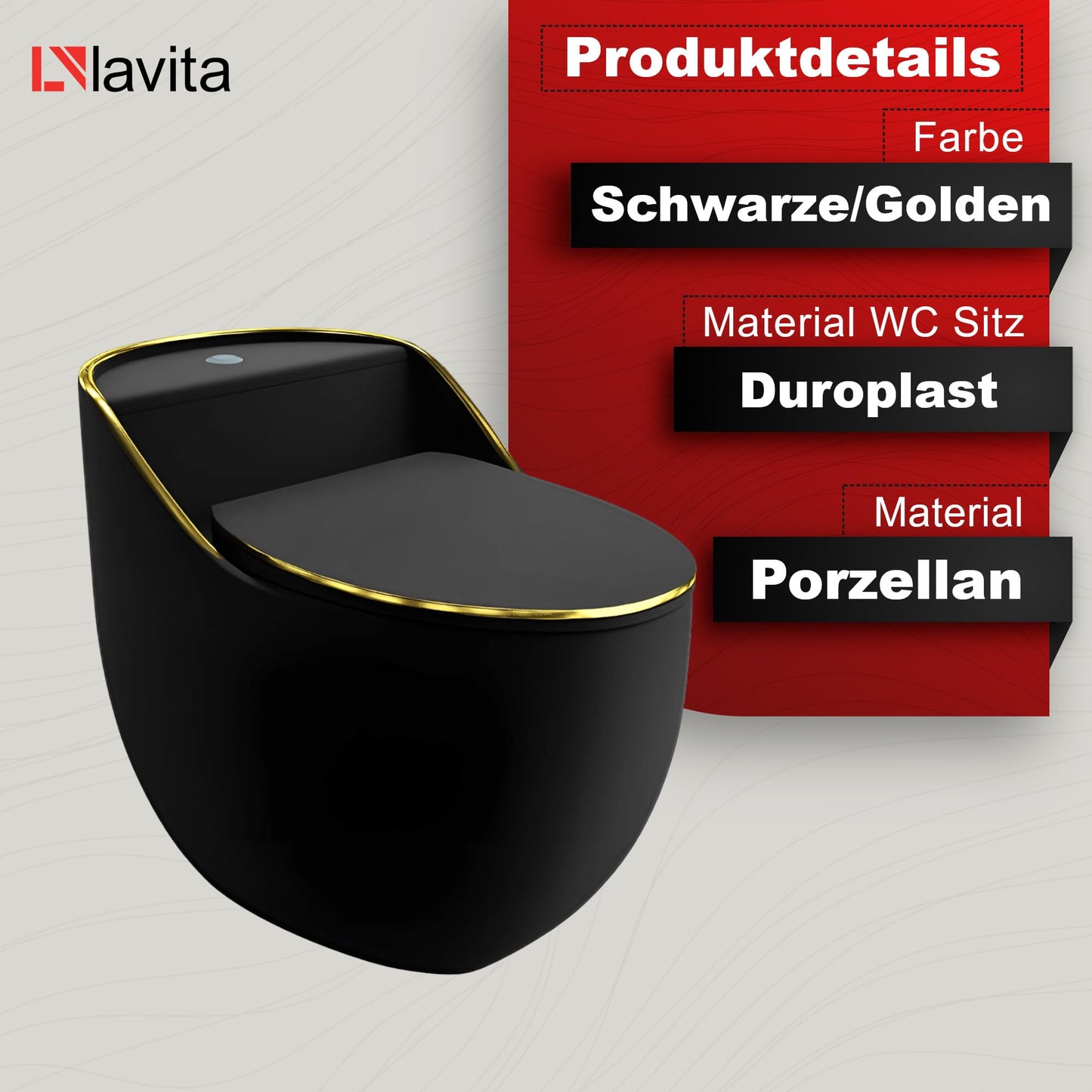 LAVITA Einteilige Stand-WC Mit Eingebautem Spülkasten SILIA RIM BLACK/GOLD LINE | Deckel Mit Absenkautomatik | Keramik Toilette Spülrandlos | Toilettenbecken Stehend + Anschlussstück