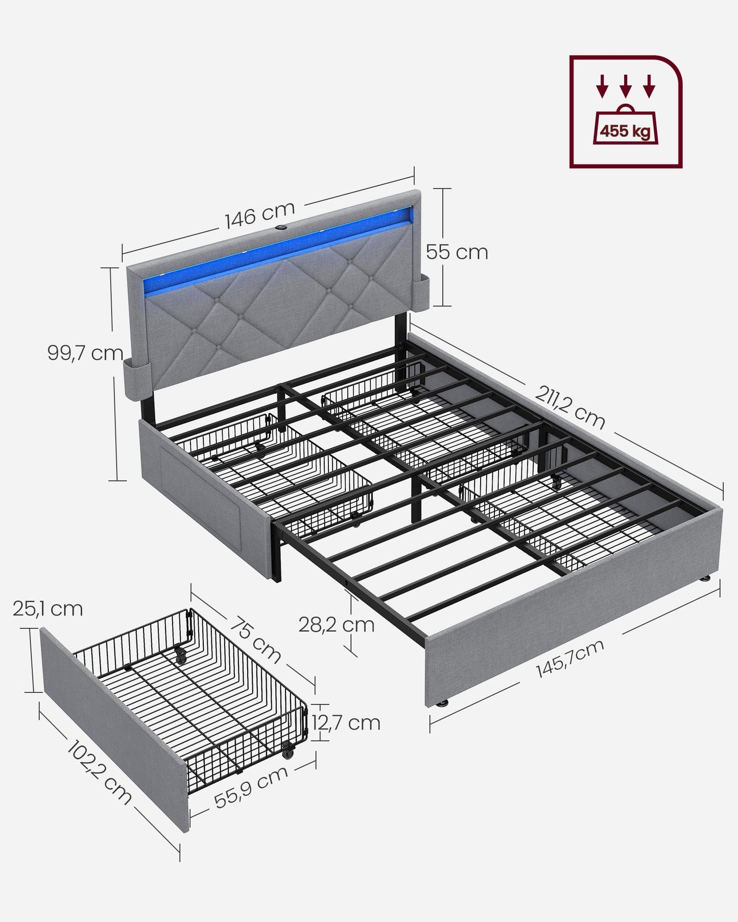 VASAGLE Double Bed Frame - Fits 140 x 200 cm Mattress - LED Metal Bed - 4 Drawers - Charging Station - Adjustable Padded Headboard - Slate Grey RMB827G02