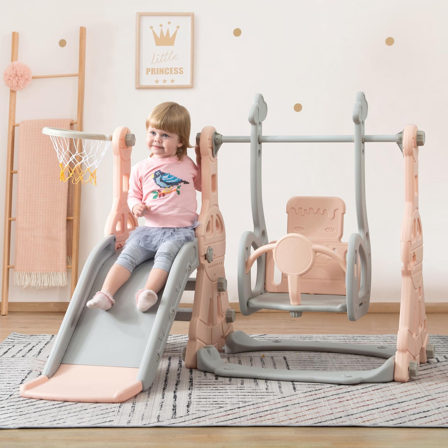 BestAlice 4 in 1 Kinderrutsche Set für Outdoor und Innen, Spielplatz mit Schaukel, Basketballkorb, Kletterleiter, Indoor- und Outdoor-Spielset, 18 Monate + (Blau)