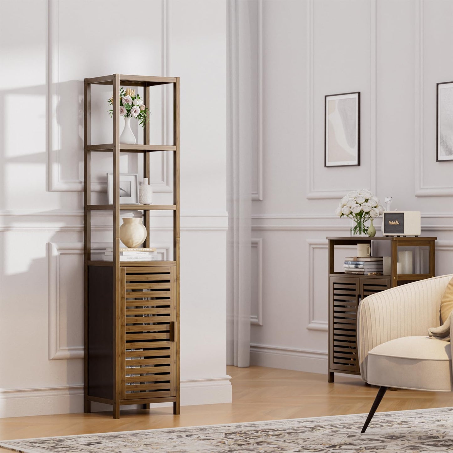 HITNET Bathroom Cabinet Bamboo Black Bathroom Cabinet Tall Cabinet Narrow Freestanding Floor Standing with Open Shelf and Single Door