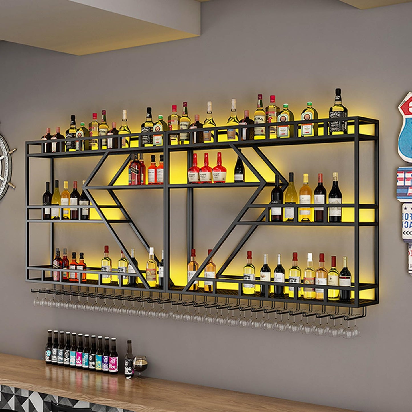 Weinregal aus Metall, großer Weinflaschenhalter aus Wandmontage mit 3 Ebenen, modernes, schwebendes Barregal in Rautenform,für die Dekoration von Restaurants und Bars zu Hause (schwarz, 200cm)