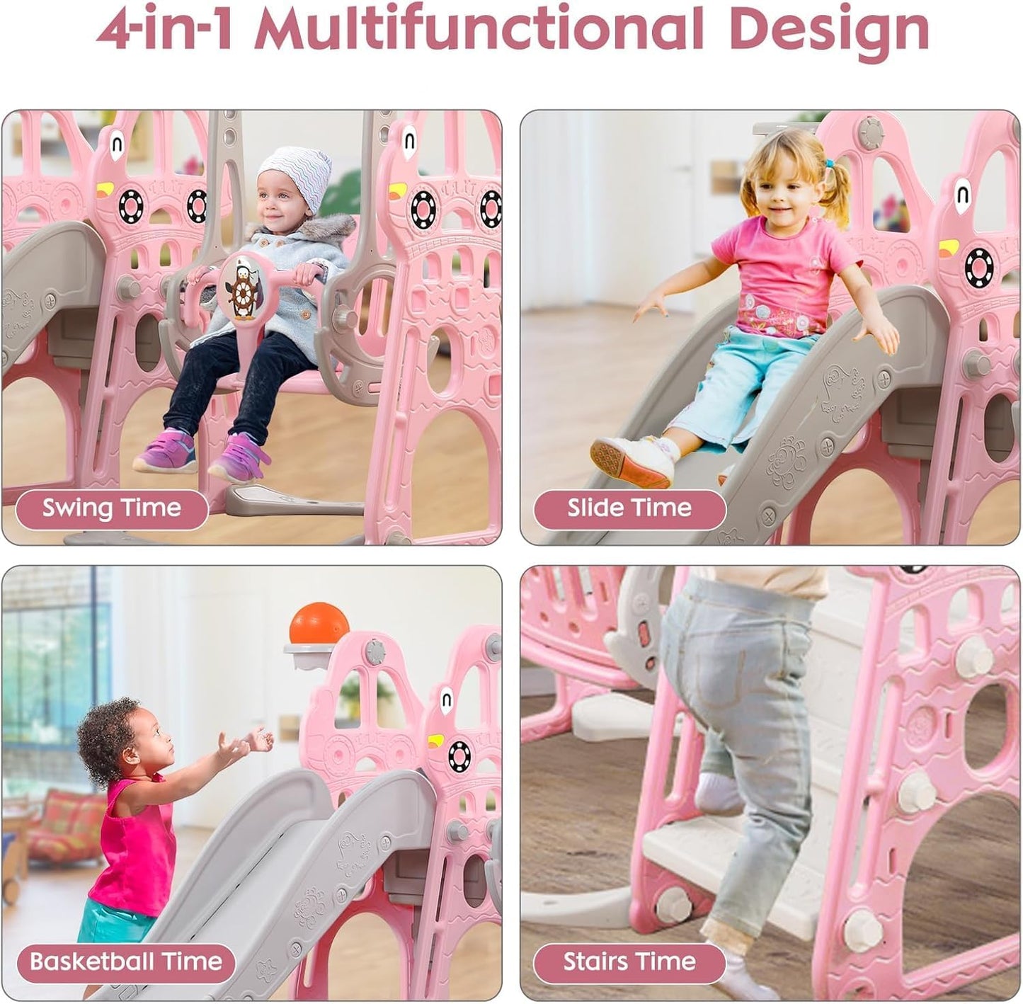 YULEYU Kinderrutsche Outdoor Indoor, Kleinkindrutsche mit Schaukel und Basketball-Reifen, Baby rutsche kinderzimmer, babyrutsche gartenrutsche für Kleinkind, Rosa
