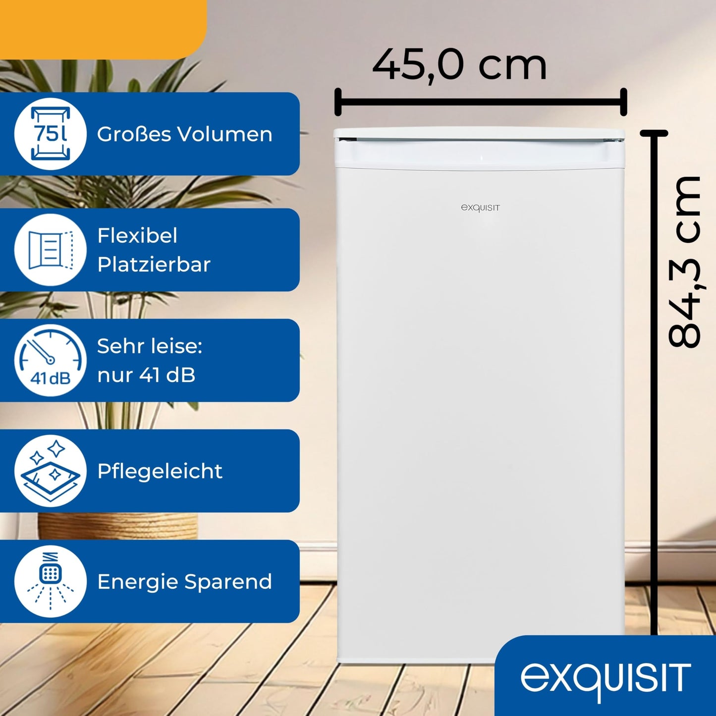 Exquisit KS585-V-091E Full-Room Refrigerator, 75 Litres, Freestanding, Small and Compact, 45 cm Wide, LED Interior Lighting