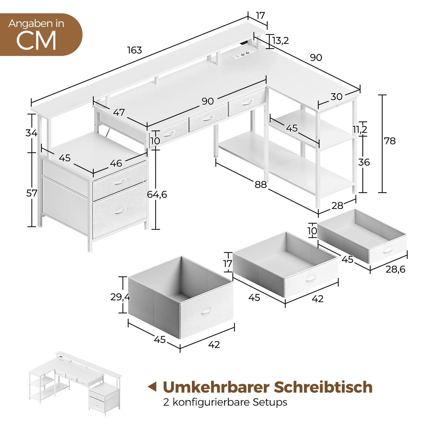 Seventable Schreibtisch L Form, Computertisch mit Steckdose, LED & Monitorständer, Reversibel Eckschreibtisch mit Schubladen, perfekt für Schlafzimmer Büro Wohnzimmer