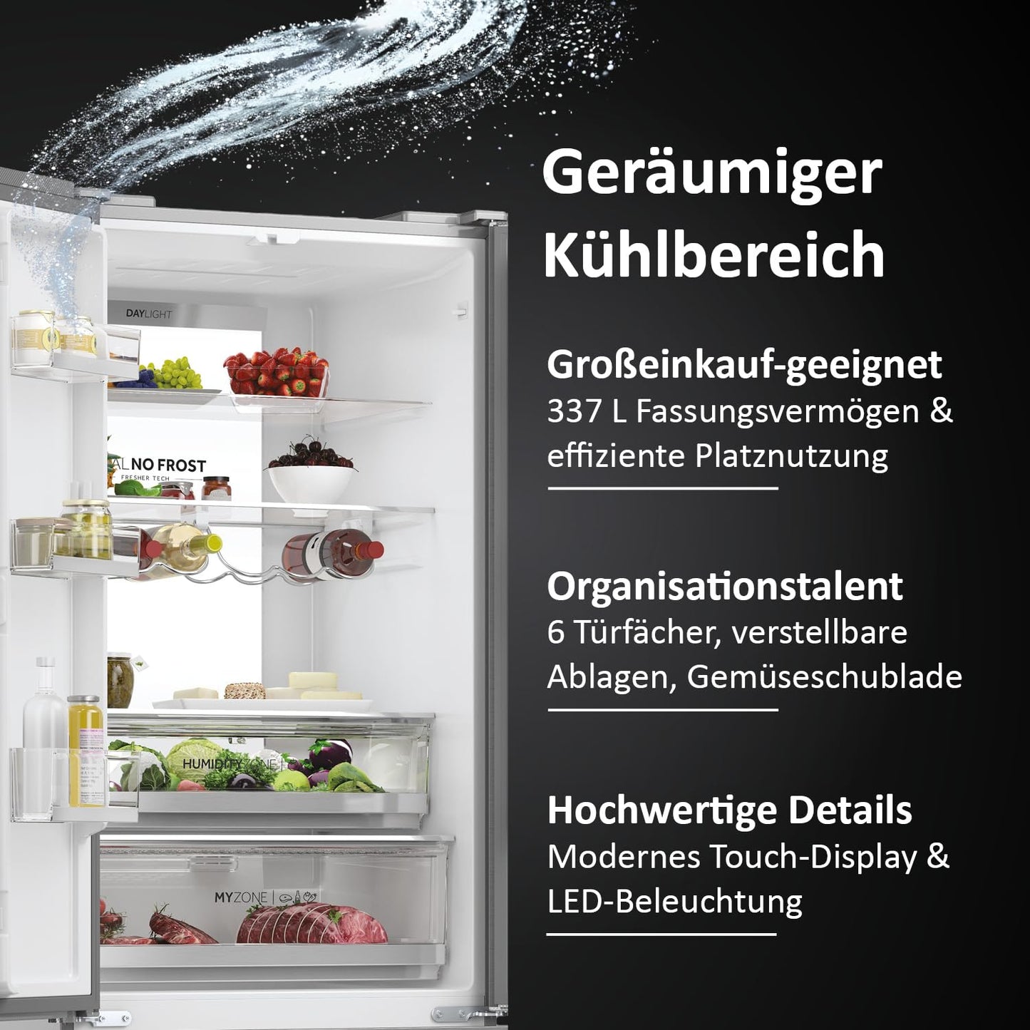 Haier French Door Kühl-Gefrierkombination 70 cm Breite I 402 L French Door Kühlschrank, freistehend I Doppeltür Kühlschrank mit Gefrierfach, No Frost I LED, Touch-Display I FD 70 SERIE 3 HFR3718ENMM