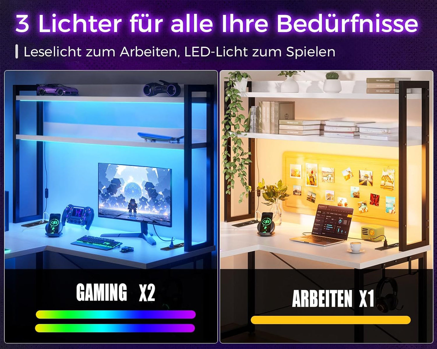 ODK Eckschreibtisch Weiß mit Stall, 150×120 cm Reversibel Gaming Tish L Form mit LED, Computertisch mit USB-Ladeanschluss&Steckdose, Gaming Schreibtisch für das Heimbüro