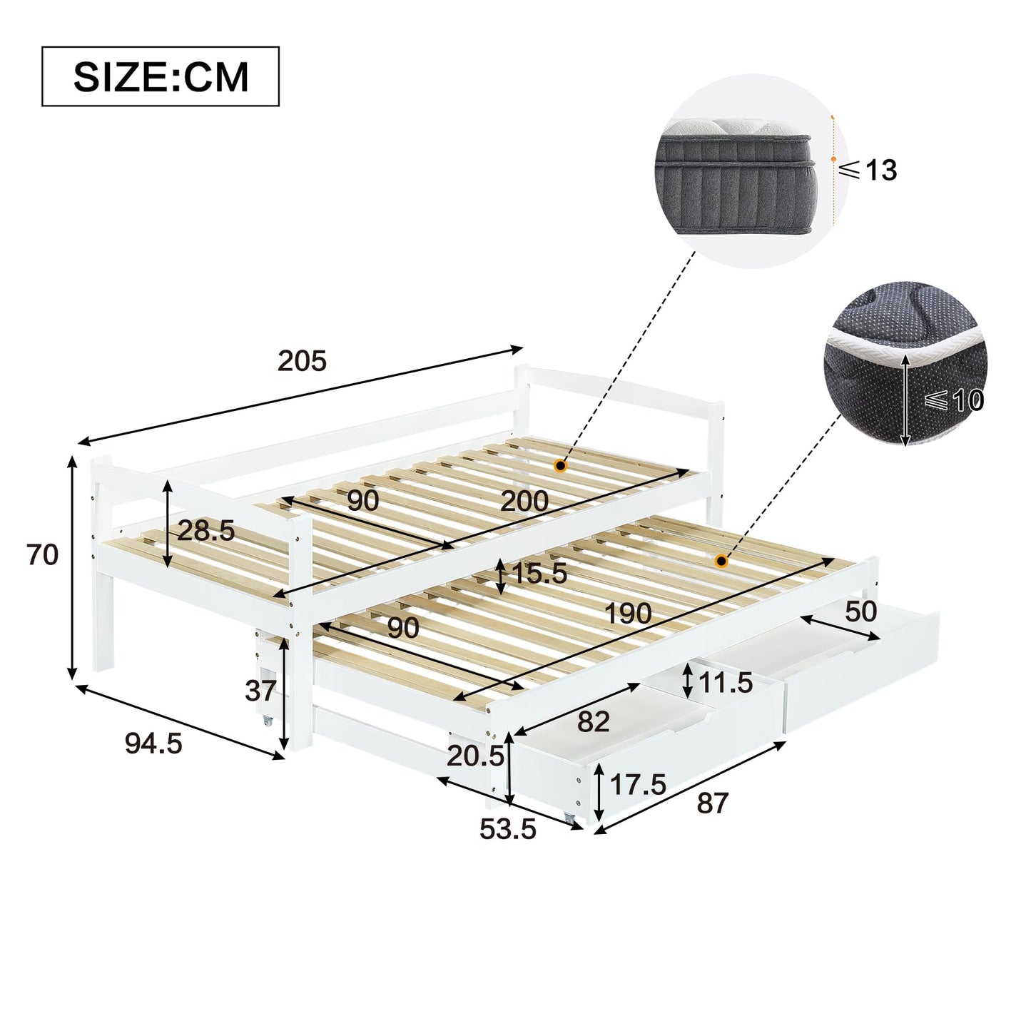 Children's Bed 90 x 200 cm, Wooden Bed with Drawers and Board, Headboard with Bookshelf and Fall Protection, Bed with Slatted Frame and Storage Space, Teenager's Bed, Functional Bed, Wooden Bed Frame,