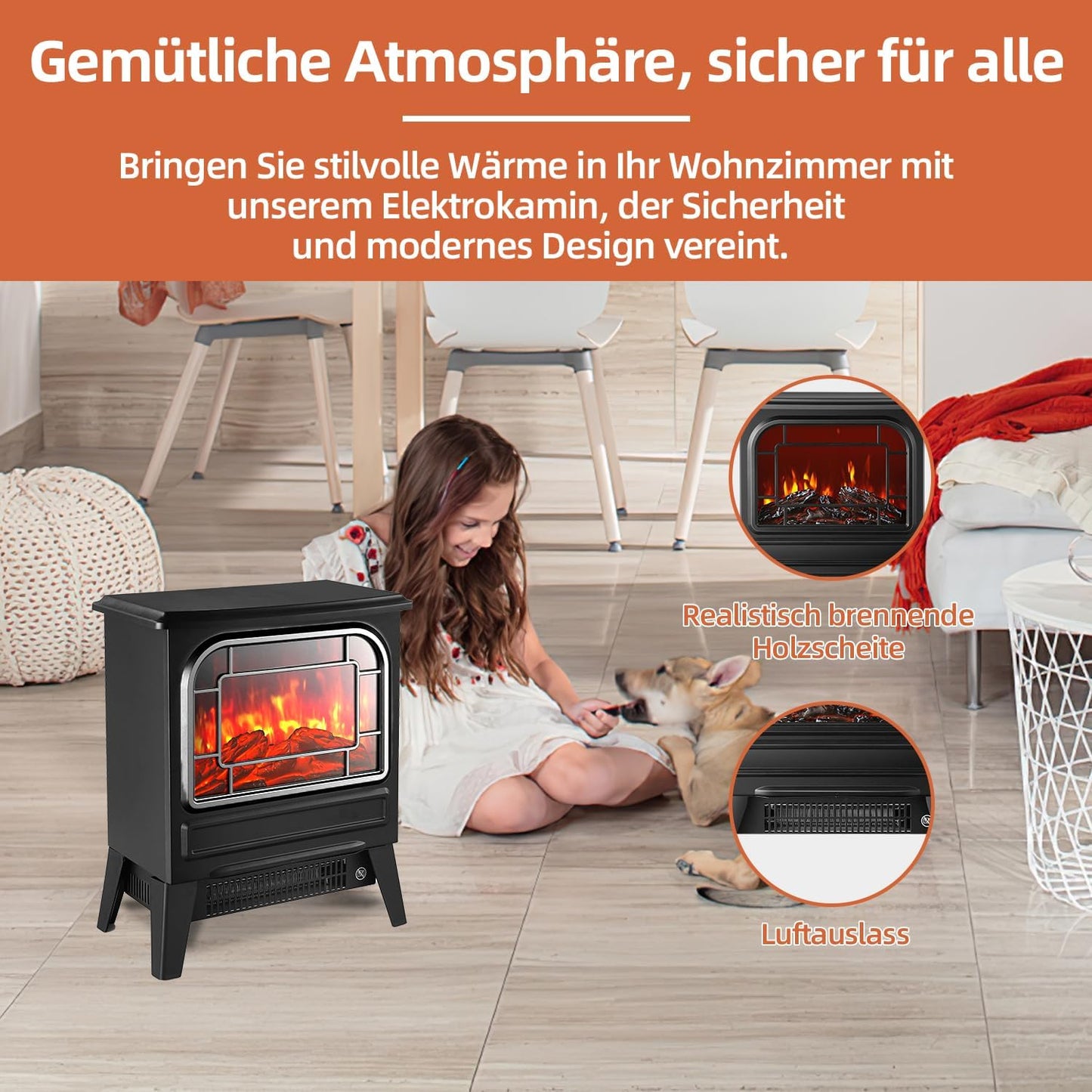 Electric Fireplace with Fan Heater, 1950 W, Electric Fireplace, Electric Heater, LED Fireplace Effect, Fireplace, Flame Effect, Heater, Oven, Quiet Adjustable, Black