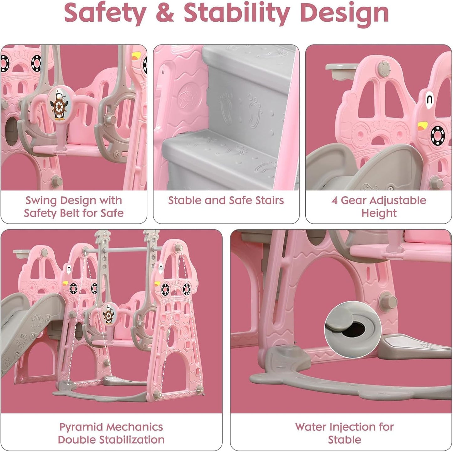 YULEYU Kinderrutsche Outdoor Indoor, Kleinkindrutsche mit Schaukel und Basketball-Reifen, Baby rutsche kinderzimmer, babyrutsche gartenrutsche für Kleinkind, Rosa