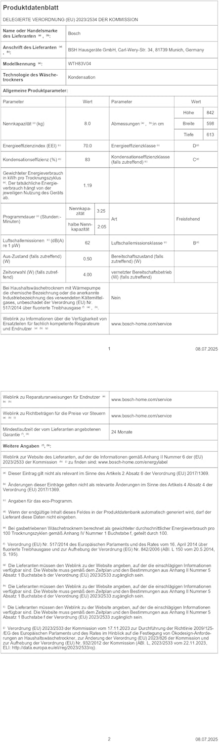 Bosch WTH83V04, Serie 4, Wärmepumpentrockner, 8 kg, AutoDry, Quick-40-Trocknen, Nachlegefunktion, Sensitive-Drying-System, Anti Vibration Design, 63 dB, LED-Display, Touch-Control, Zeitvorwahl