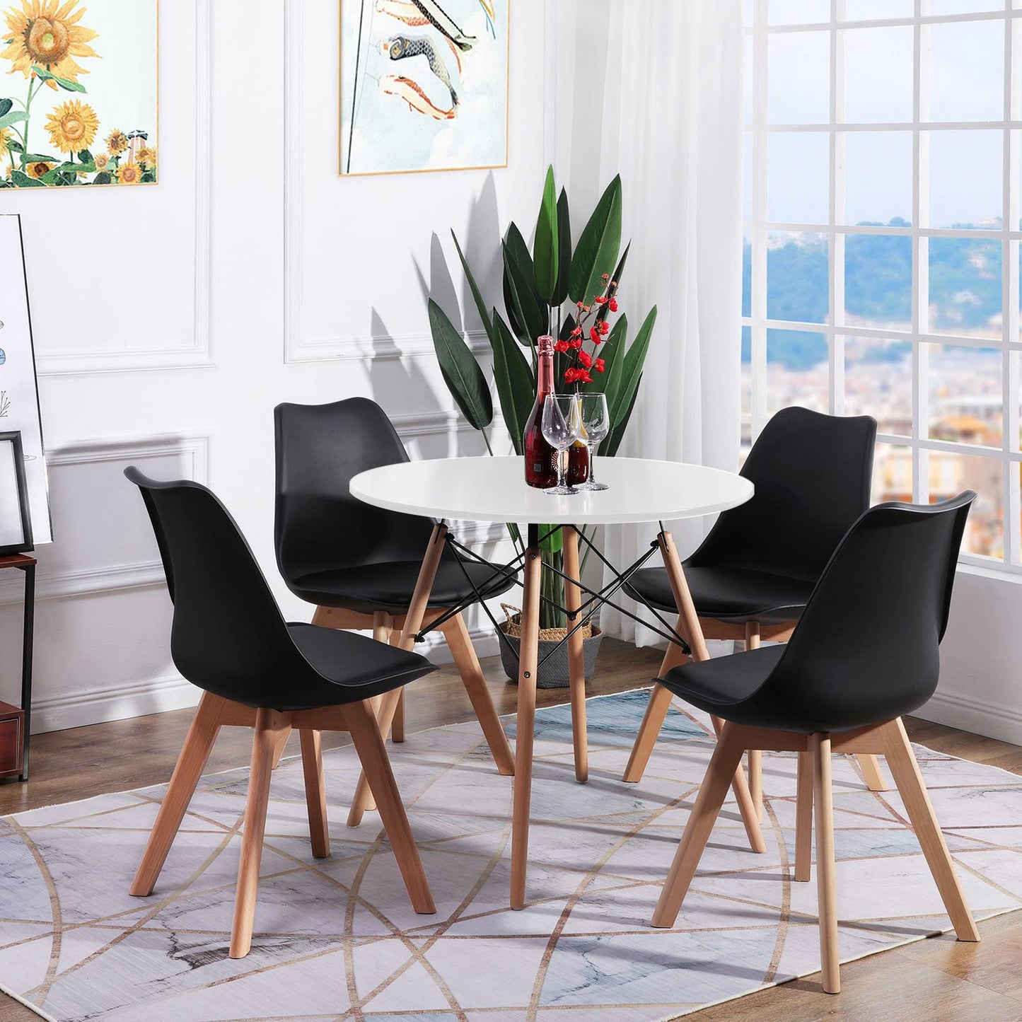 FURNITABLE Round Dining Room Table with 4 White Chairs Dining Room Set for Dining Room Kitchen Living Room