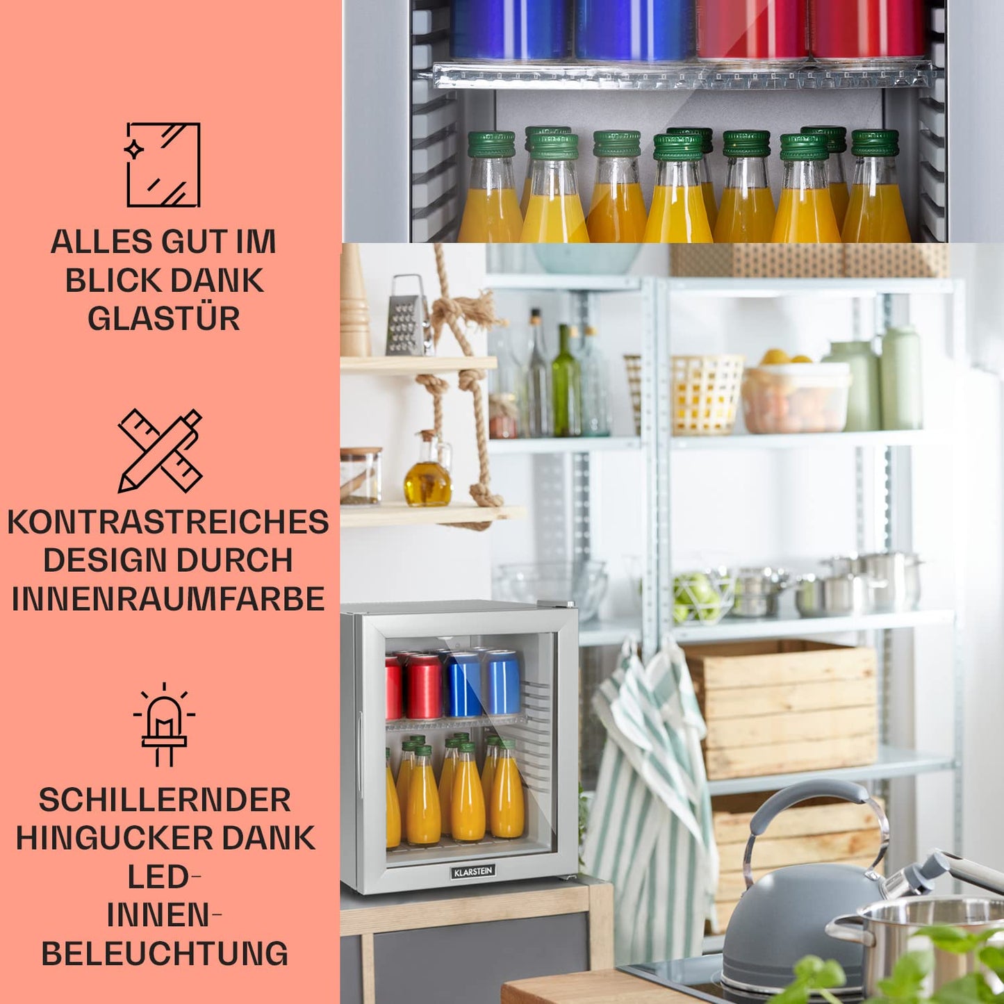 Klarstein Kühlschrank, Mini Kühlschrank mit Glastüre, Mini-Kühlschrank für Getränke, Snacks & Kosmetik, Kühlschrank Klein & Leise, Verstellbare Ablagen, Kleiner Skincare Kühlschrank 12-18°C, 23L