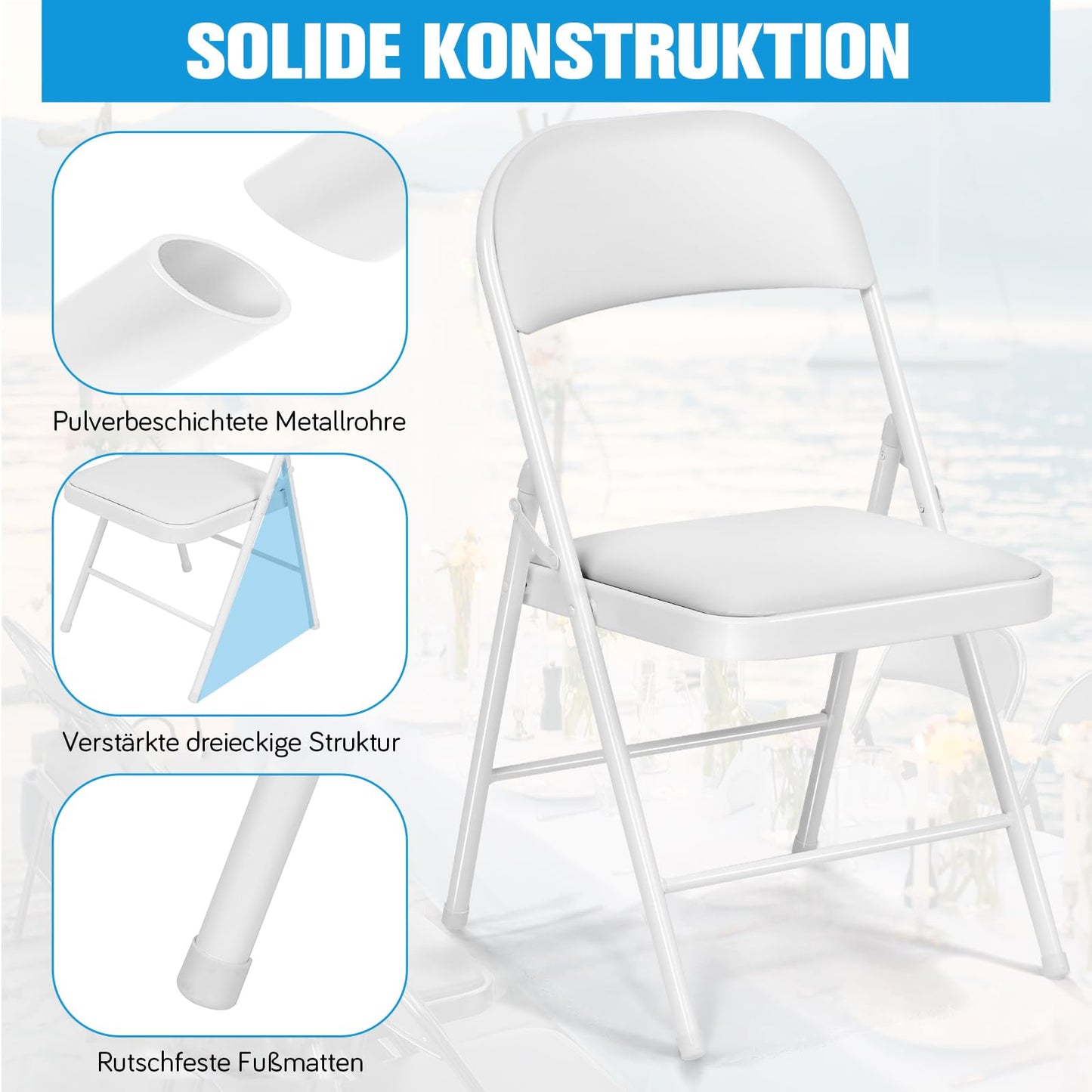 Asdsed Klappstuhl 4er Set, Klappstühle Gepolstert, Klappstuhl bis 158KG Gepolstert mit Starker Stahlrahmen, Faltbarer Klappstühle Platzsparender Schreibtischstuhl für Haus Büro Garten Balkon Party
