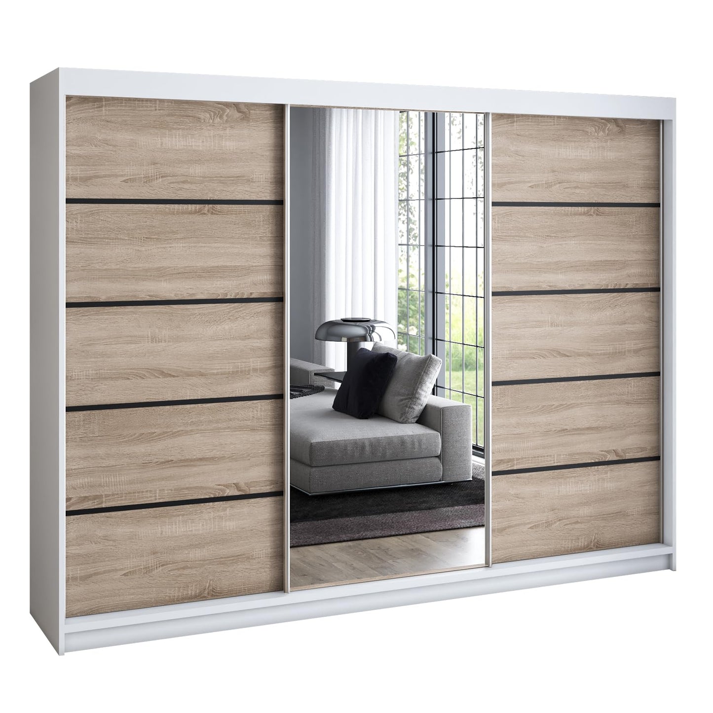 A&J MöbelLand Schwebetürenschrank VILANO 2, 3-türig Schrank 200 cm Kleiderschrank mit 4 Schubladen, und Spiegel (Weiß, Schwarz, Somona) (Schwarz/schwarz/schwarz)
