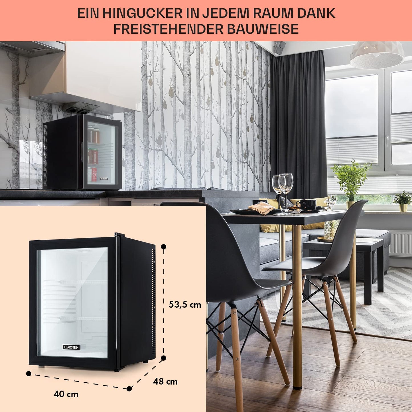 Klarstein Kühlschrank, Mini Kühlschrank mit Glastüre, Mini-Kühlschrank für Getränke, Snacks & Kosmetik, Kühlschrank Klein & Leise, Verstellbare Ablagen, Kleiner Skincare Kühlschrank 12-18°C, 23L