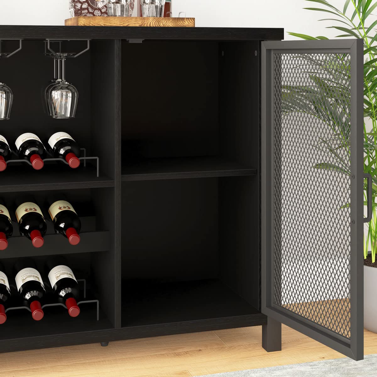 Mudmasa Küchenschrank Buffetschrank Sideboard Barschrank, Küchekommode Holz, mit 2 Türen, Weinschrank Beistellschrank für Wohnzimmer, Küche, Esszimmer, 35 x 140 x 82 cm, Schwarz