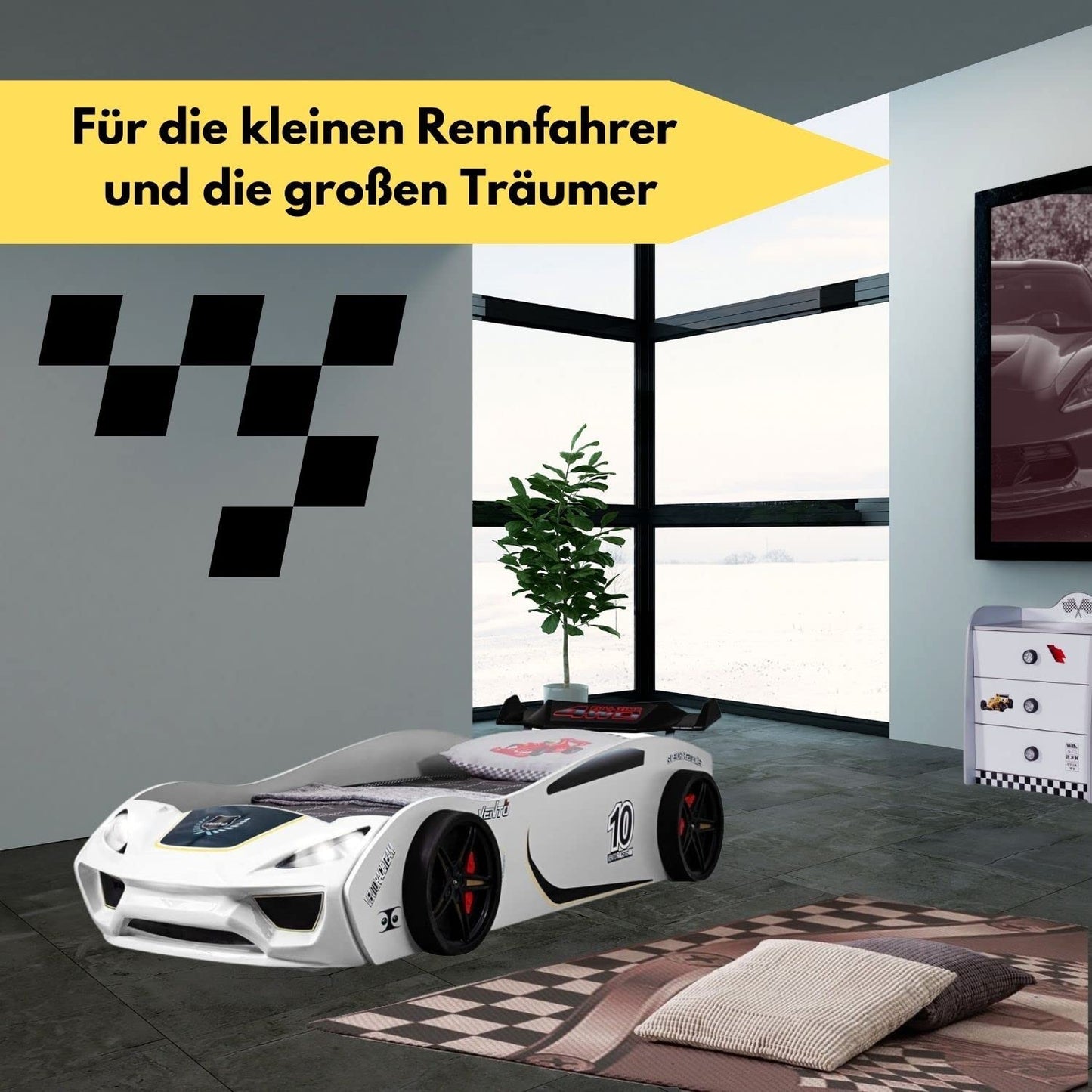 Coemo Dream Racer Children's Car Bed 90 x 200 cm in Racing Car Design with LED Lighting and Slatted Frame for Boys and Girls - Beds Colour White - Racing Bed