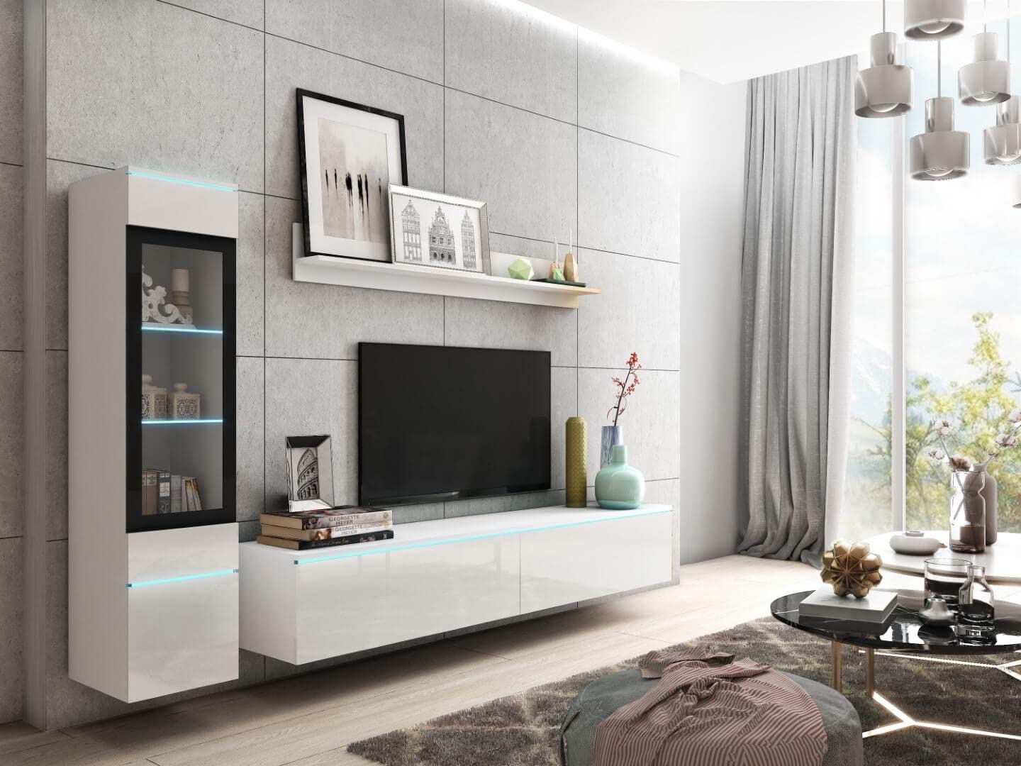 MINIO go for it Veve 2, 4-Piece Wall Unit Set, Hanging or Standing, 2 x Tall Cabinet Display Cabinets, Lowboard, Wall Board, Laminated Clamping Plate, Wotan Oak and Black Gloss, without Lighting