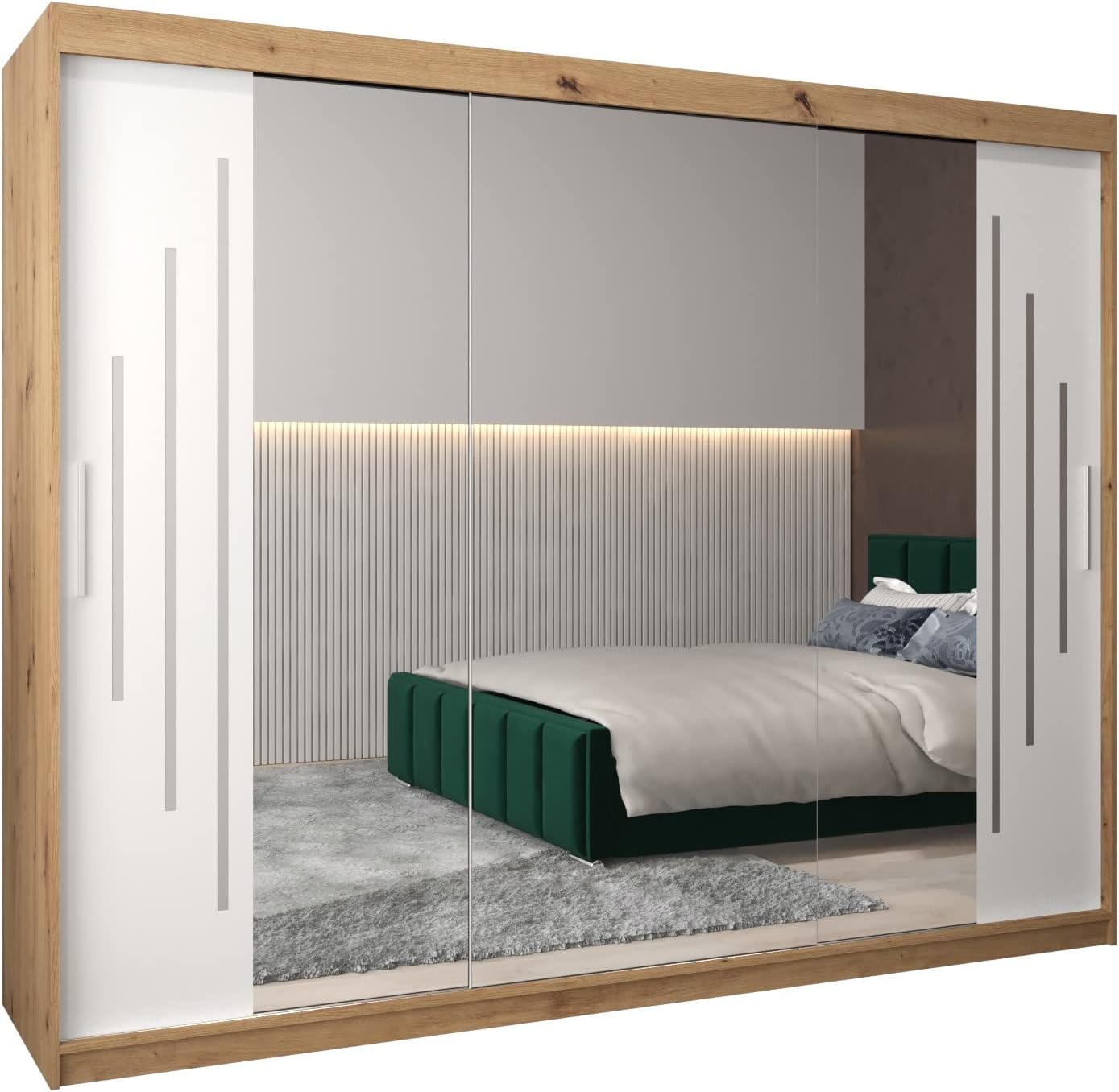 MEBLE KRYSPOL Kleiderschrank mit Spiegel York 2 - Garderobenschrank - Schrank Schlafzimmer - Mehrzweckschrank Zwei Schiebetüren - Regalen - Flur Möbel - Kleiderstange Schrank - Allzweckschrank