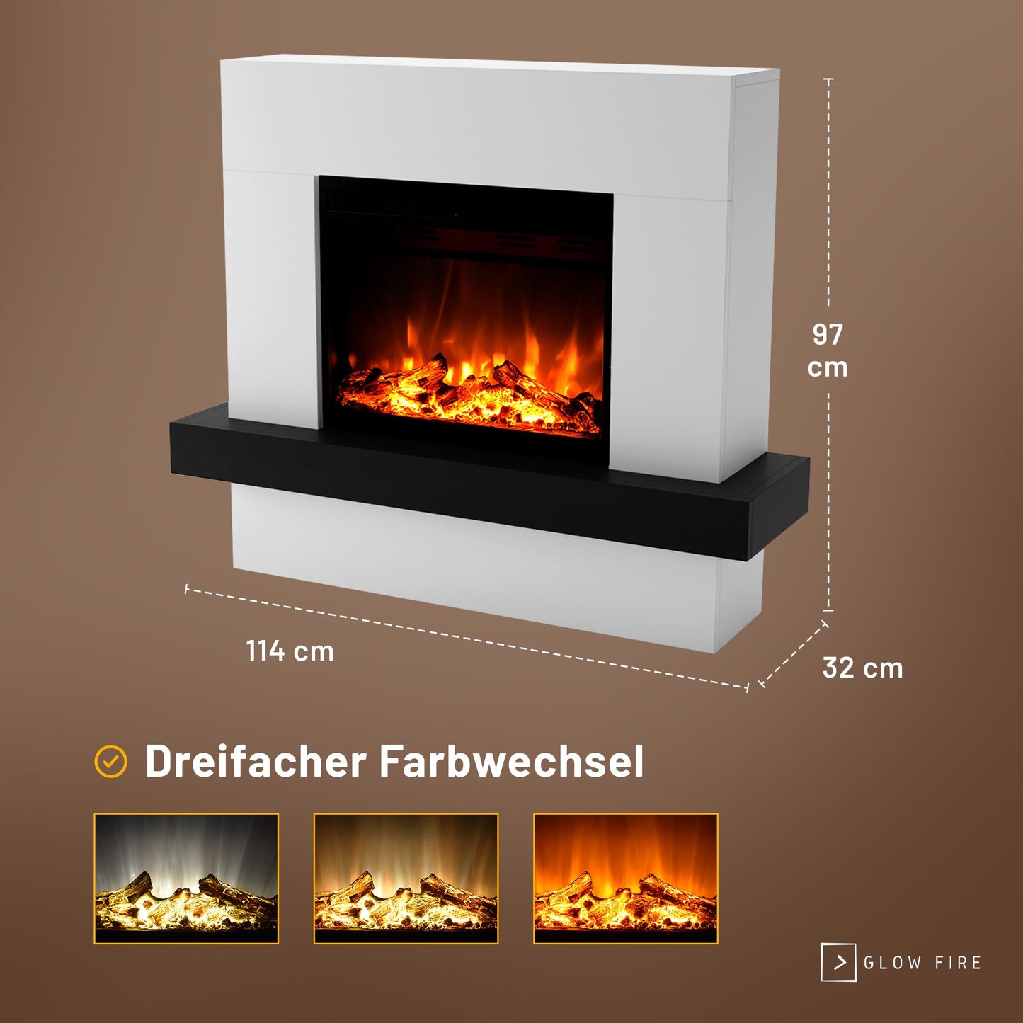 GLOW FIRE Electric Fireplace with Heater and Fireplace (Pandora Standing Fireplace) - Electric Fireplace with LED Fire in 3 Colours, Fan Heater, Wooden Decoration & Remote Control, 114 x 97 x 32 cm,