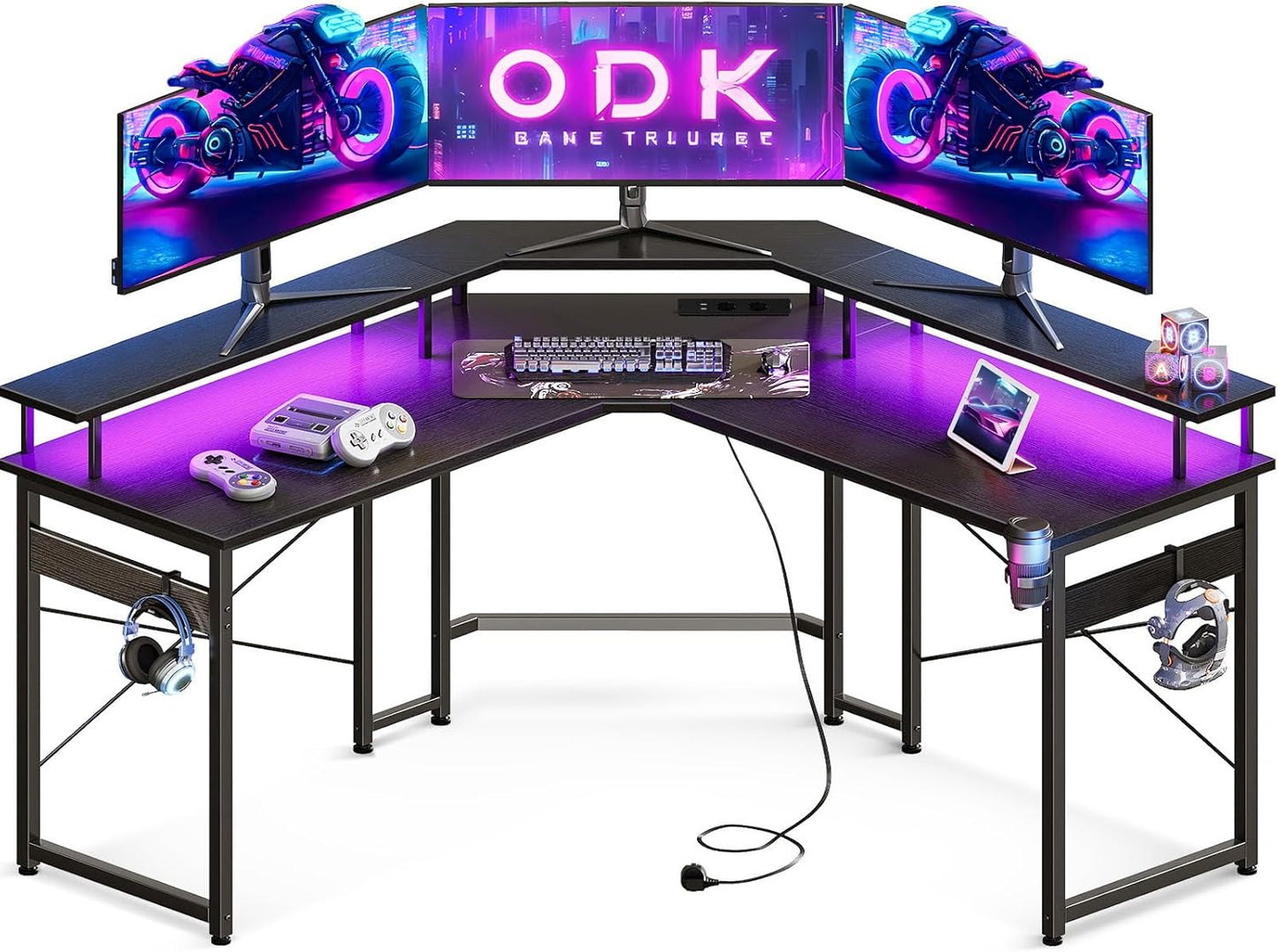 ODK Gaming Tisch mit LED, Gaming Schreibtisch mit 2 Steckdosen und 2 USB Ladeanschluss, PC Tisch Gaming mit großzügiger Monitorablage, Gamer Schreibtisch in Kohlefaser Weiß, 129x129 cm