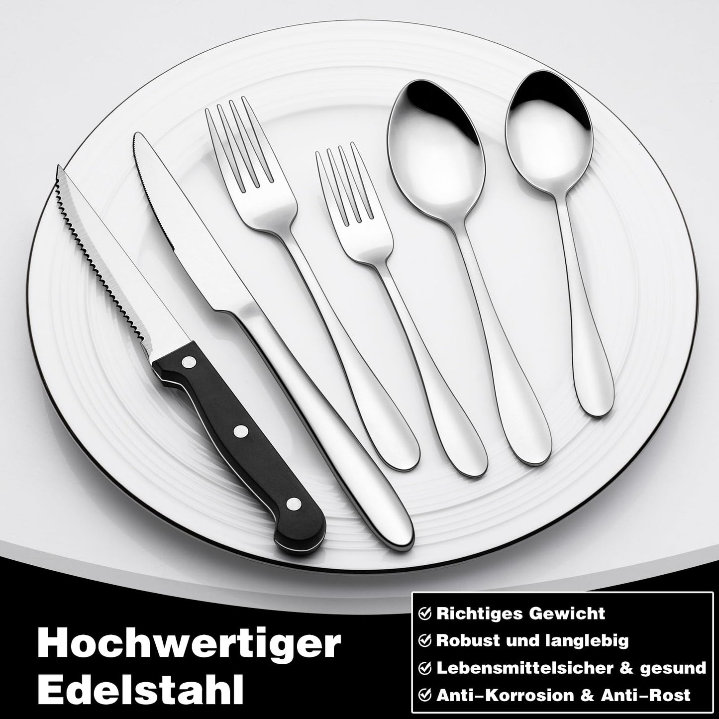 Terlulu 36 teiliges Edelstahl Besteckset mit Steakmesser, Besteck Set 6 Personen, Elegantes Essbesteck Set mit Messer Gabel Löffel, Tafelbesteck für Haus/Party/Restaurant, Spülmaschinenfest