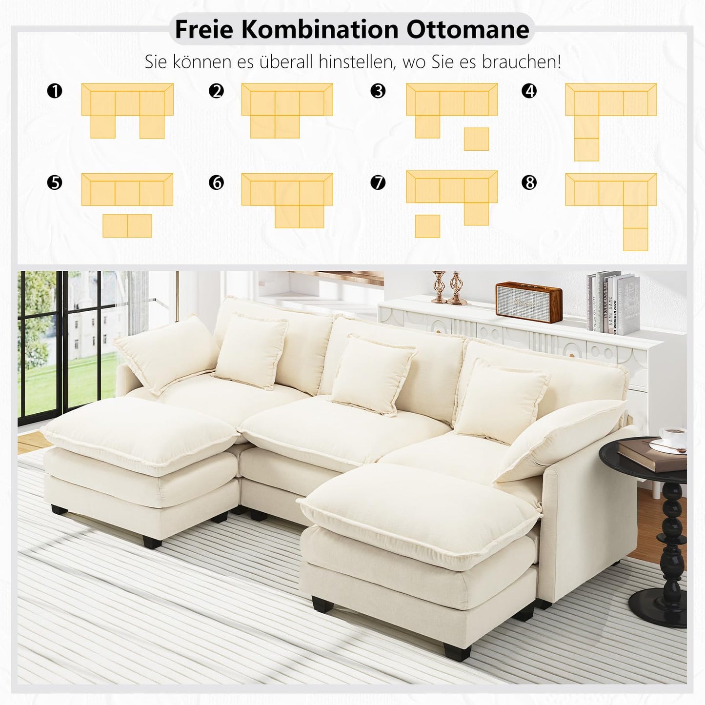 Urhanherry U-Shape Cloud Sofa, Modular Sectional Sofa, 6-Seater with 2 Ottomans, Modern Sofa with Decorative Cushions/Armrests, Breathable Chenille Fabric, U Sofa Couch for Living Room, Beige