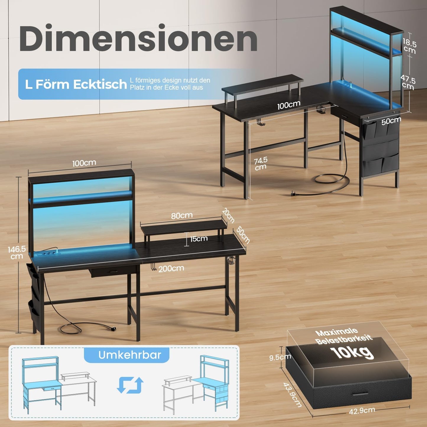 HLONONE Gaming Table with LED, 150 x 100 cm Gaming Desk, L Shape with 3 Sockets and 2 USB, Reversible Corner Desk, PC Corner Table, Computer Desk with Monitor Stand and Countertop Shelf, Black