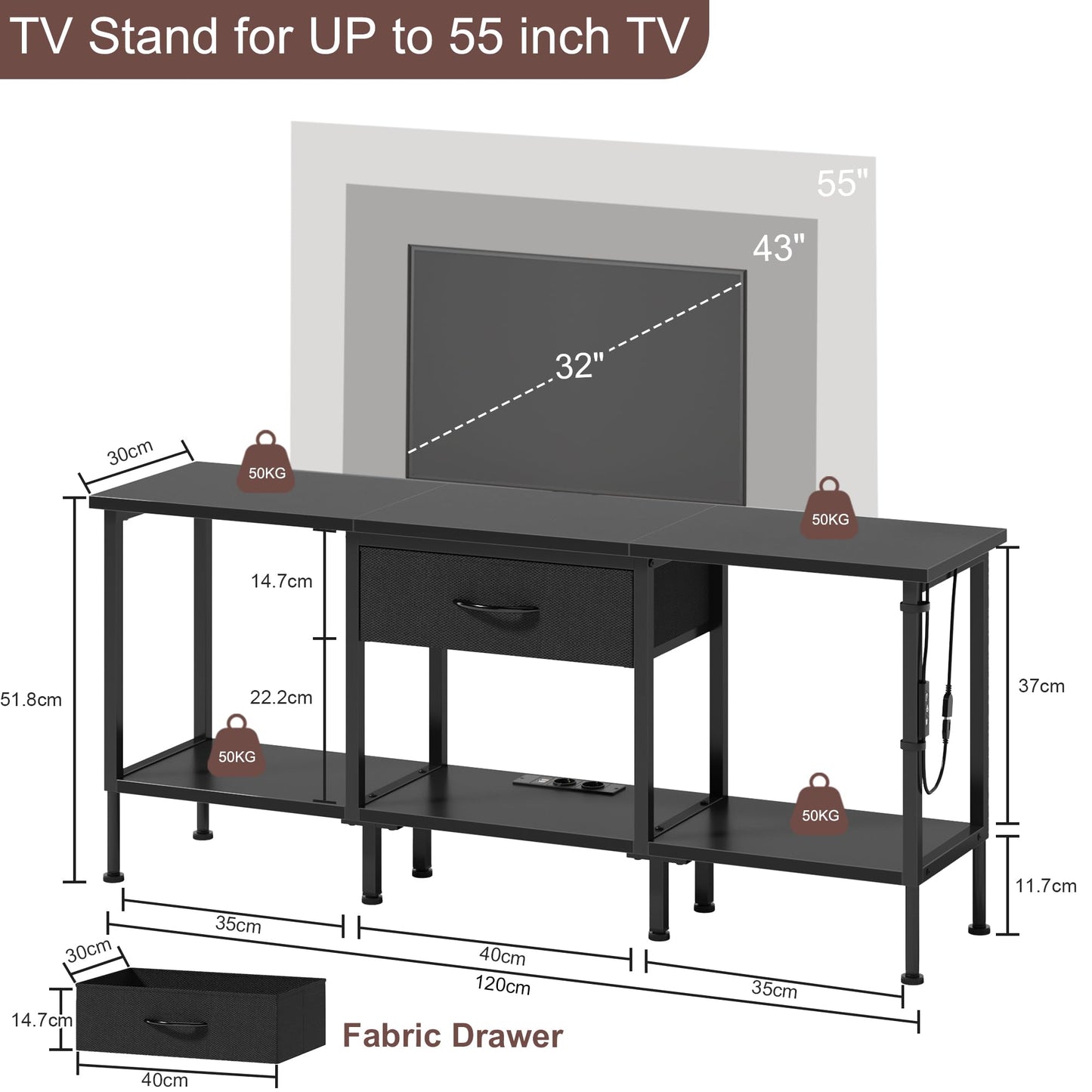 OYRREU TV Cabinet TV Stand Lowboard with Socket and USB Slots TV Cabinet with LED Lighting TV Board Table for TVs up to 55 Inches for Living Room Dining Room Bedroom Black
