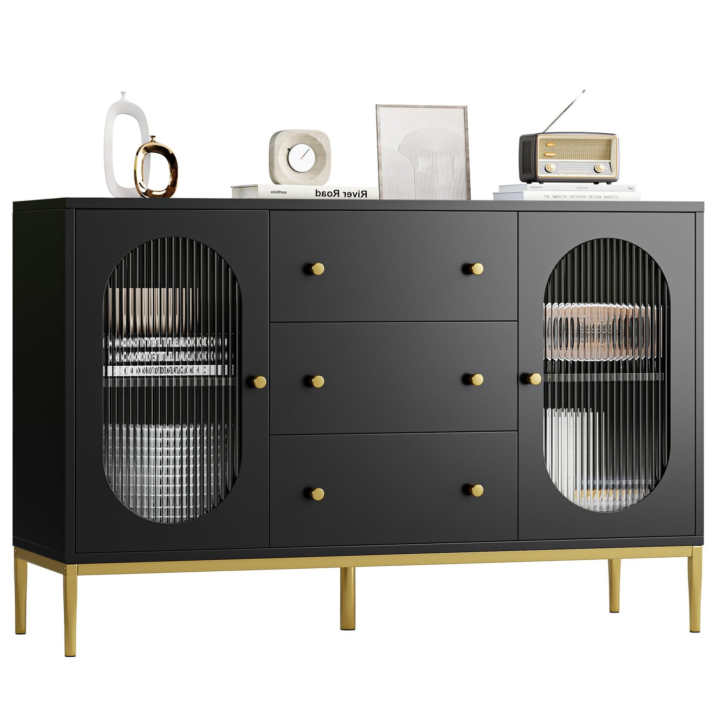 FirFurd Sideboard 120 cm Wide Kitchen Cabinet with Worktop Buffet Cabinet with 2 Glass Doors 3 Drawers Kitchen Buffet with Adjustable Shelf for Kitchen Dining Room Living Room 120 x 38 x 80 cm Black