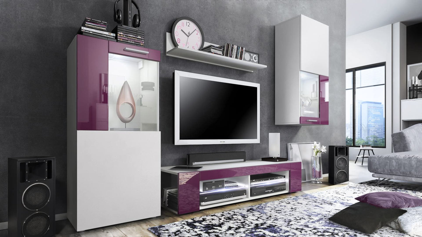 Vladon Wohnwand Movie, Anbauwand bestehend aus 1 TV-Board, 2 Vitrinen und 1 Regal, Weiß matt/Weiß matt/Weiß Hochglanz (Gesamt: 300 x 190 x 39 cm)