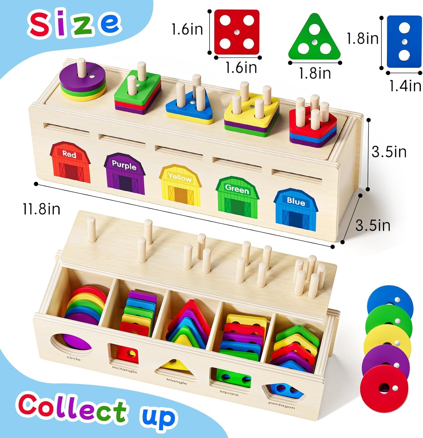UMEREACT 4 in 1 Shape Sorter, Sorting and Stacking, Wooden Montessori Toy, 12 Months Old Baby Boys and Girls, Colour Matching, Counting and Fishing Game for 1, 2 and 3 Year Old Gifts