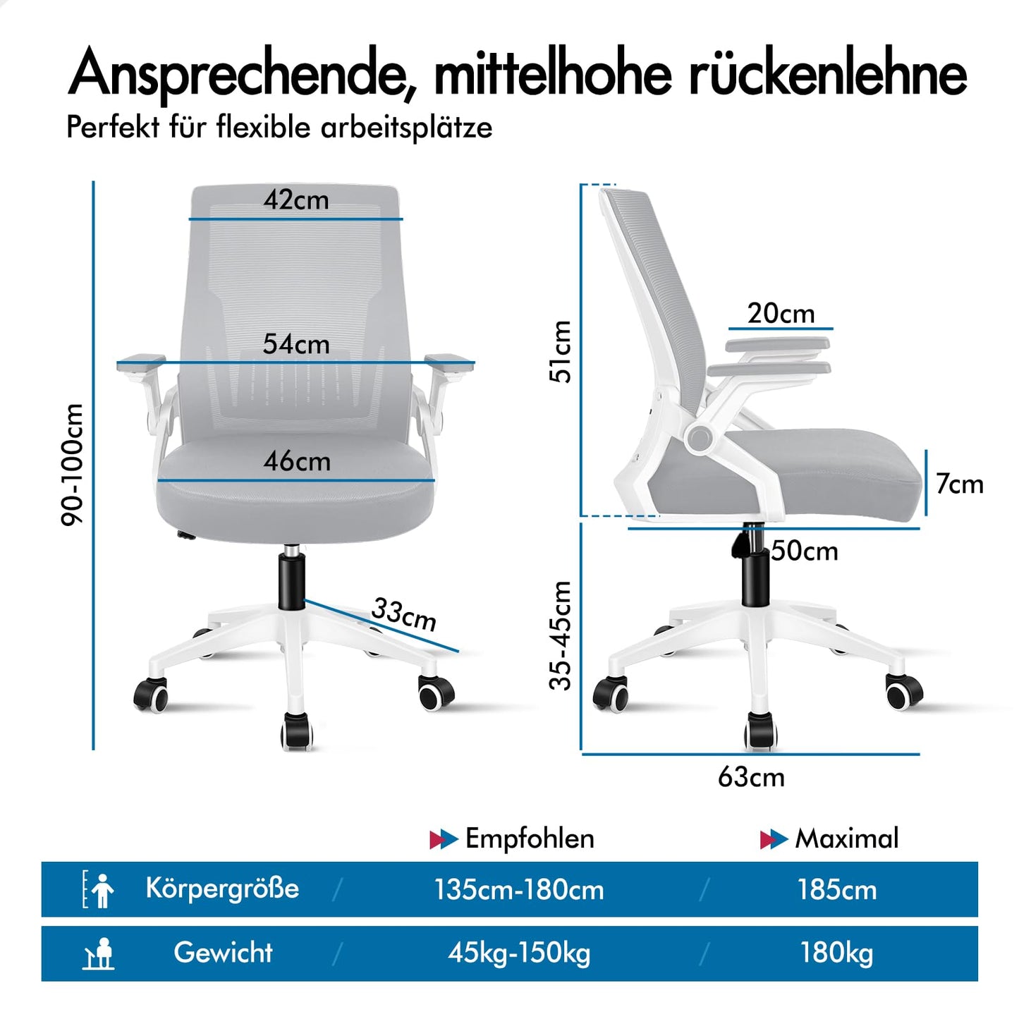ALFORDSON Bürostuhl, Lendenstütze, Atmungsaktives Netz und Stoff, Hochklappbare/Verstellbare Armlehnen, Hochwertiger Schaumstoff, 180kg für Zuhause & Gaming, Wale, Schwarz