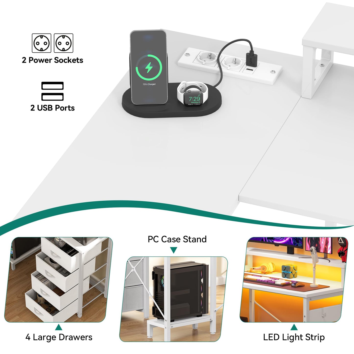 YITAHOME Desk, Reversible Corner Desk with 4 Drawers, L Shape Desk with 2 Sockets and 2 USB Charging Ports, Office Table L Shape with LED, 130 x 100 cm, Corner Table with Monitor Shelf, White