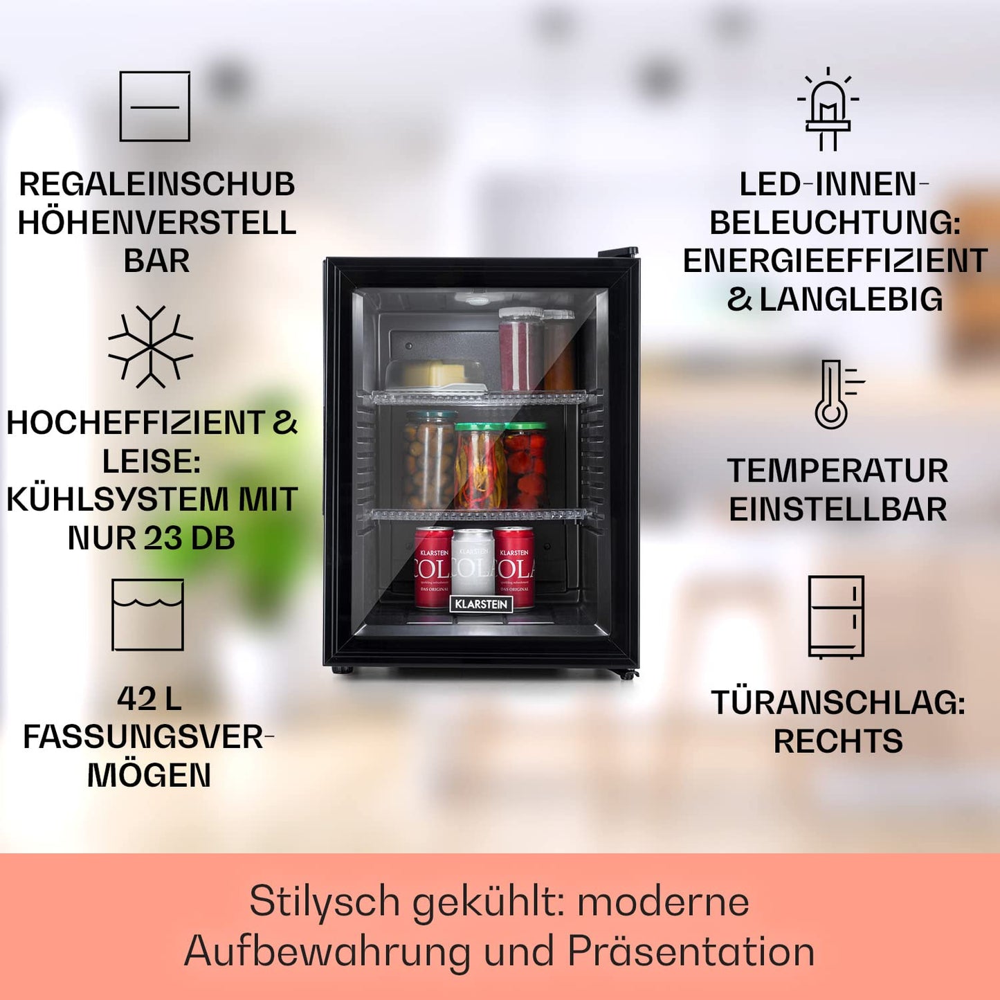 Klarstein Kühlschrank, Mini Kühlschrank mit Glastüre, Mini-Kühlschrank für Getränke, Snacks & Kosmetik, Kühlschrank Klein & Leise, Verstellbare Ablagen, Kleiner Skincare Kühlschrank 12-18°C, 23L