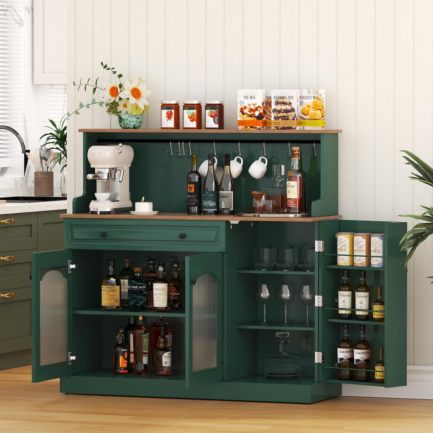 HOLTICO Küchenschrank mit Arbeitsplatte, Küchenbuffet Buffetschrank Grün, Weinschrank mit Schublade und Oberer Ablage, Kommoden & Sideboards für Wohnzimmer, Esszimmer