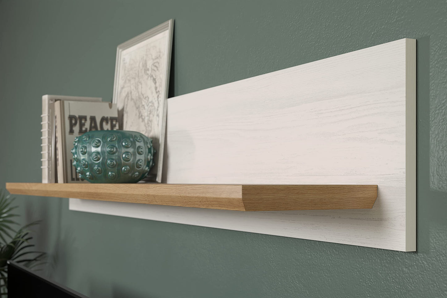 trendteam smart living - Shade - Wohnzimmerkombination - Weiß/Eiche - Vitrine hoch, TV-Unterteil, Wandboard, Vitrine halbhoch - (BxHxT) 368 x 194 x 45 cm - silberfarbene Griffe