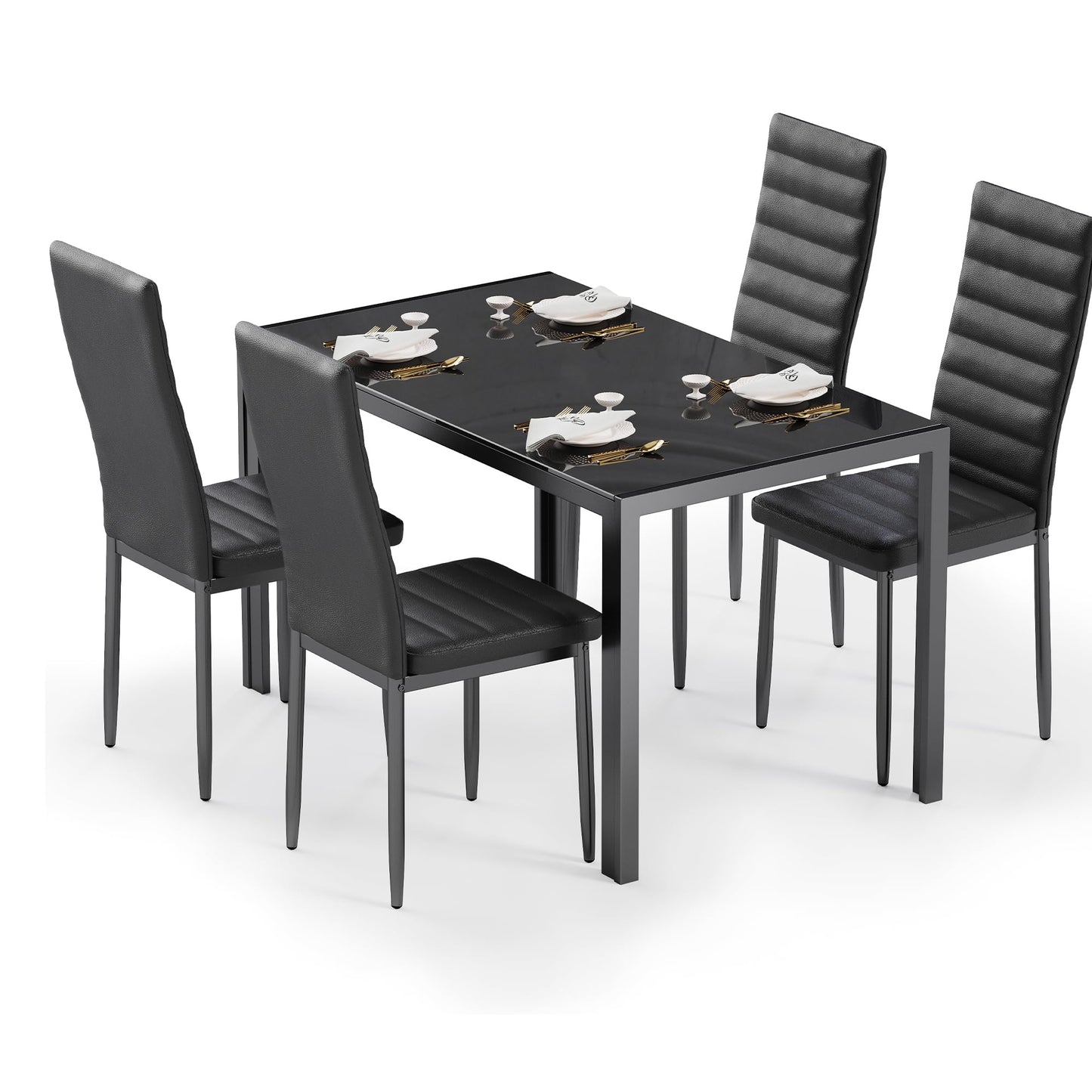 Bealife Dining Table with 4 Chairs Set, Dining Table and Chairs for 4 People, Dining Room 6 Chairs and Table, Set with Dining Table and Chairs for Kitchen, Dining Room and Living Room (Black, 4