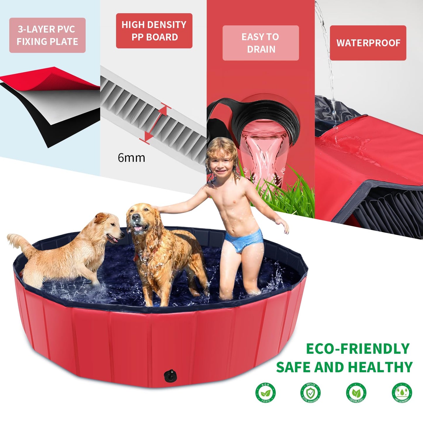 CACSPS Faltbarer Hundepool, 221 x 30,5 cm, Kinderpool mit Hartplastik, rutschfeste Hundebadewanne für den Außenbereich, Hinterhof, Faltbarer Hundepool für Kinder, Hunde, Haustiere (rot)