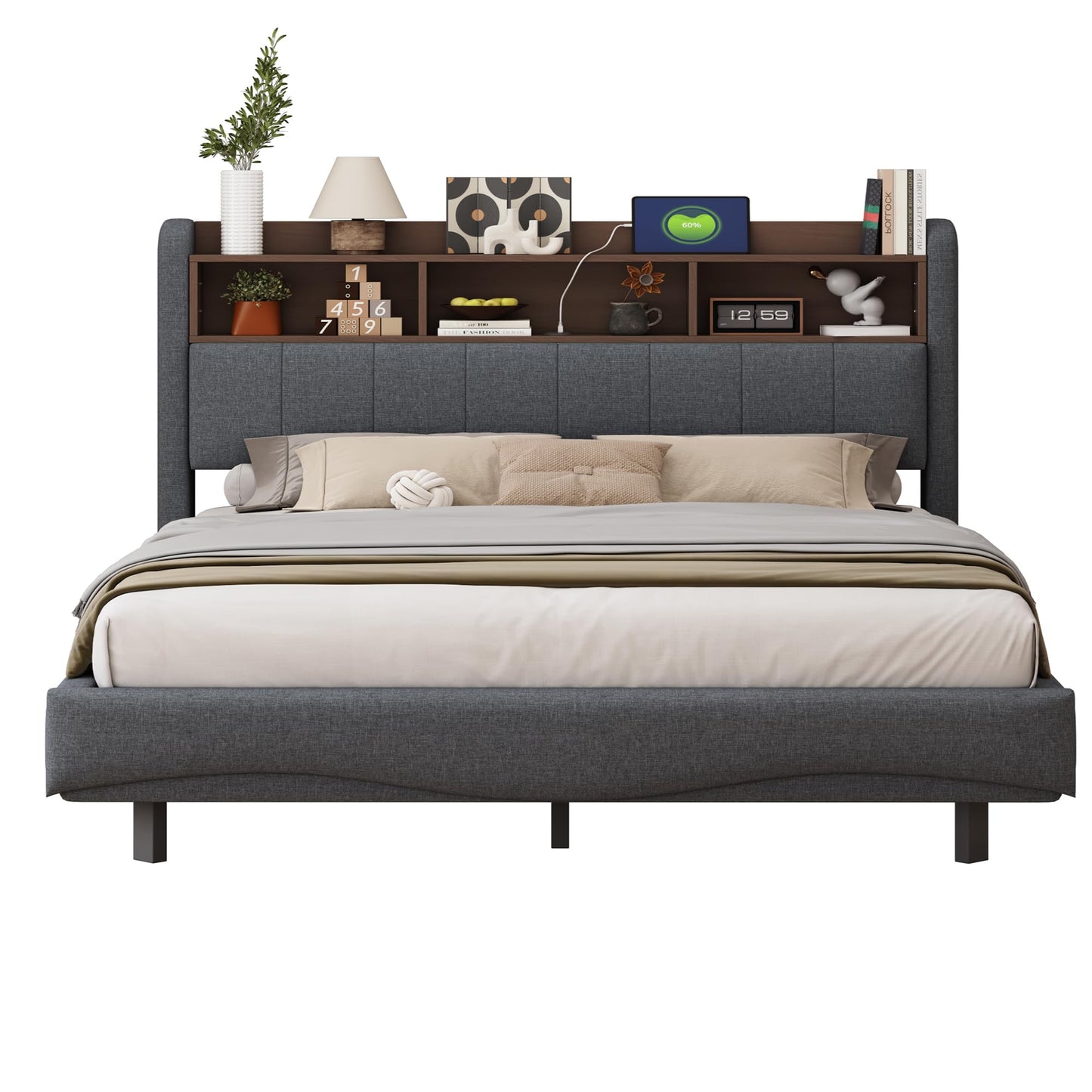 LAKFEW Polsterbett 140X200 cm, Doppelbett Stauraumbett mit LED-Beleuchtung, Erwachsenenbett mit USB/Typ-C, Bettgestell Bett mit Lattenrost, Ohne Matratze, Grau, Leinen
