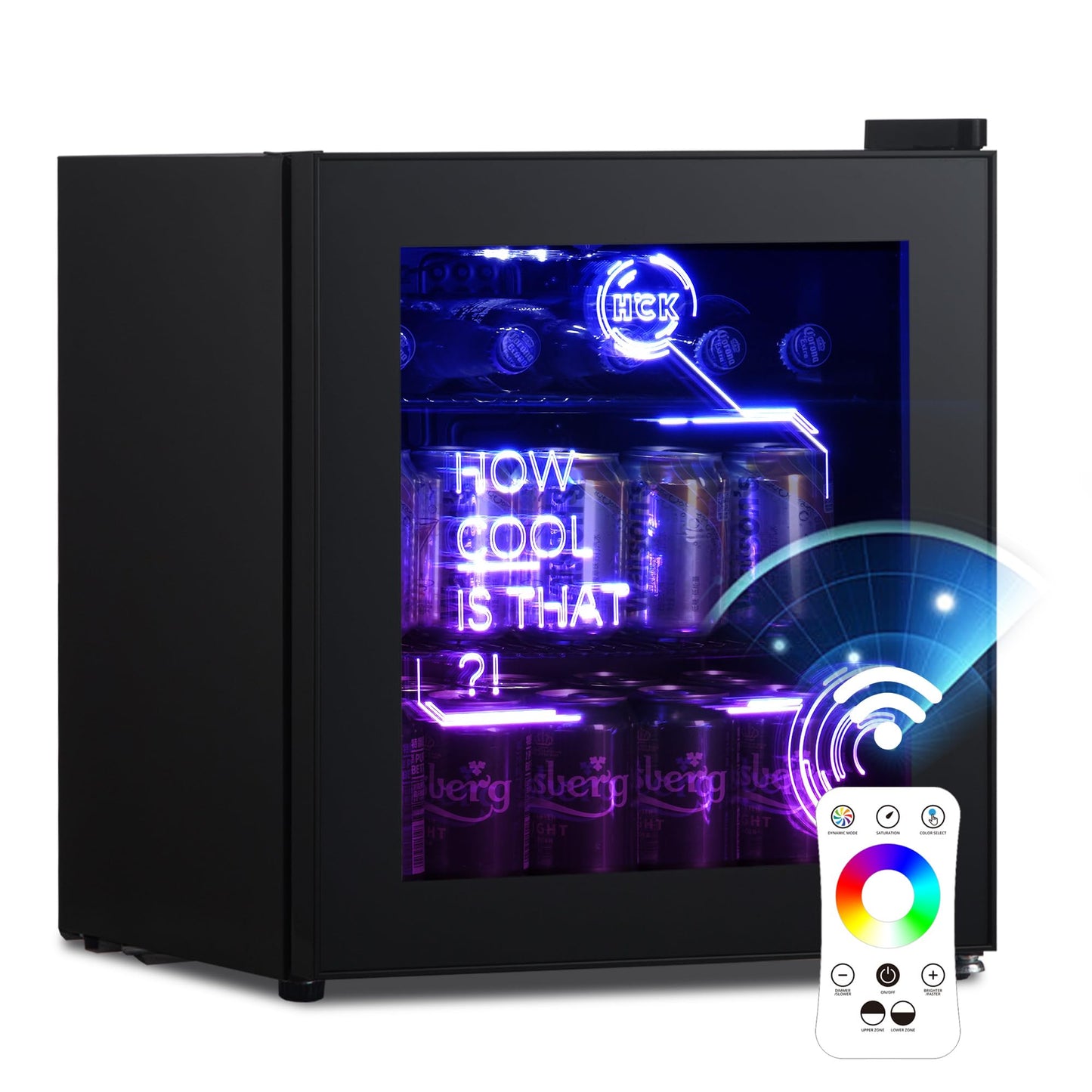 HCK 98L Getränkekühlschrank mit Cyberpunk RGB Beleuchtung, Minibar kleine Kühlschrank mit Glastür, lautlos 39dB, 0-15°C, Bierkühlschrank für Spielzimmer, Küche, Schwarz