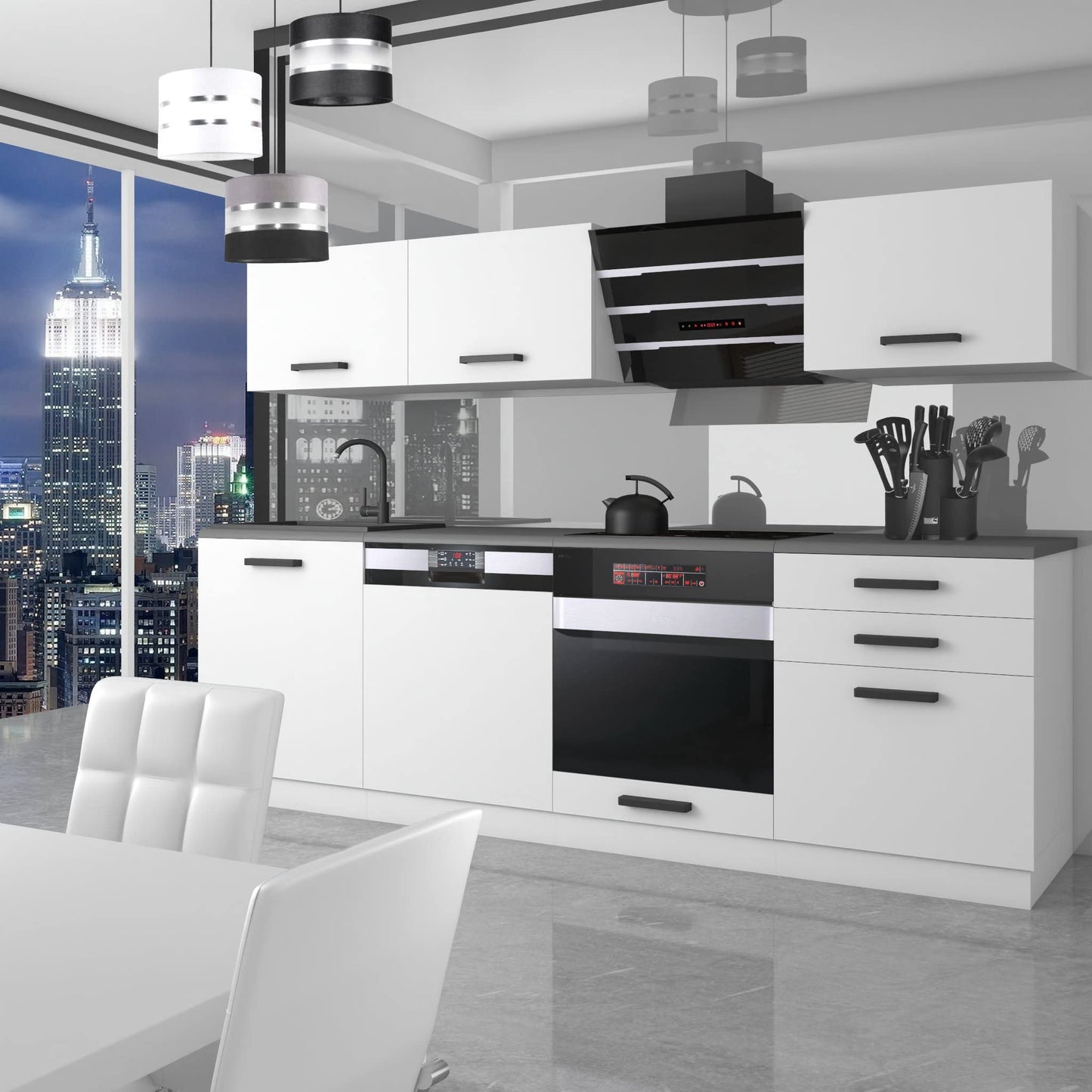Belini Linda Kitchen Unit, Kitchen Furniture 240 cm, Fully Equipped without Electrical Appliances, with Wall Cabinets and Base Cabinets, with Worktops, Matt White
