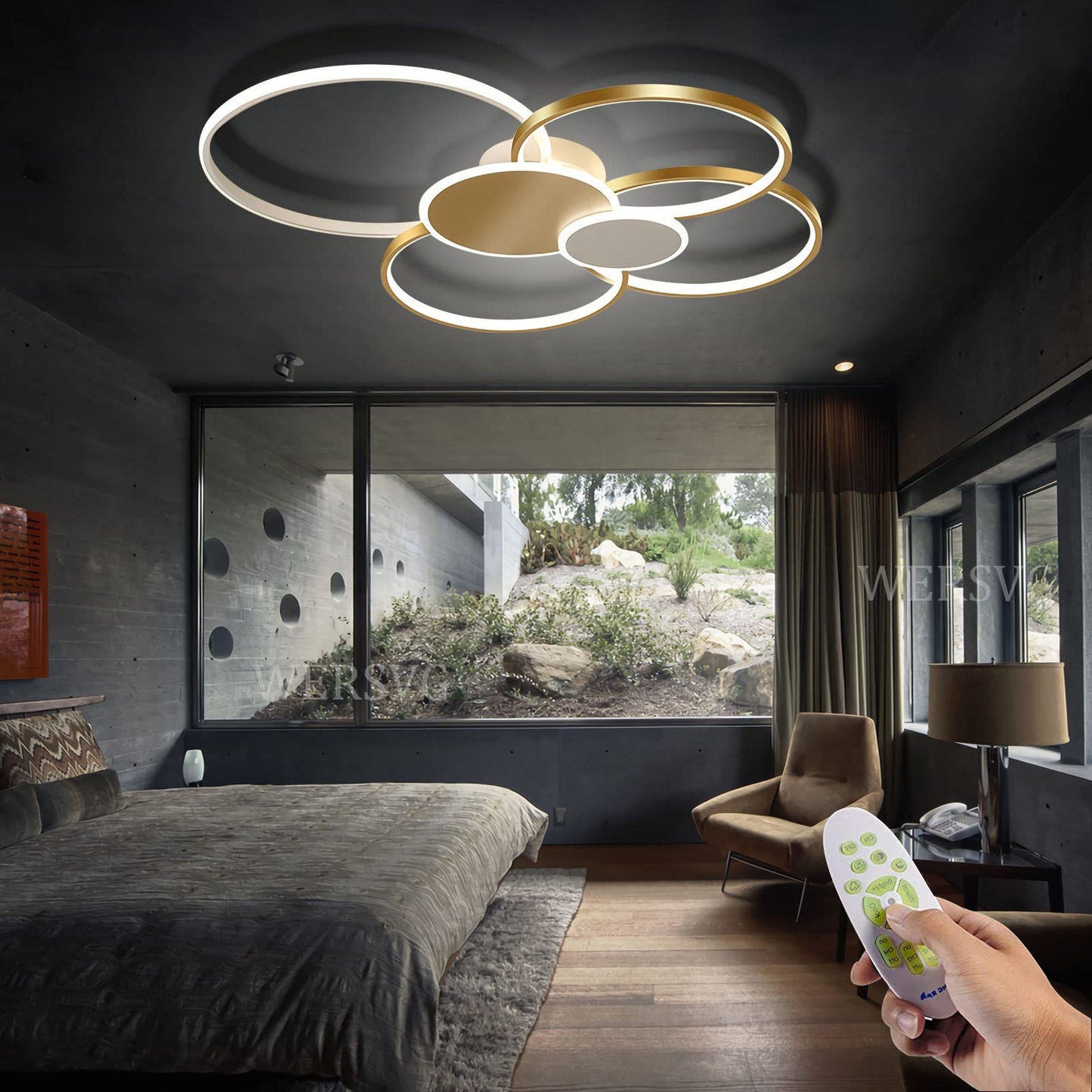 WERSVG L80cm Modern LED Deckenleuchte Wohnzimmer Deckenlampe gold 6-Ring Deckenleuchte 70W 5600LM Dimmbar 3500K - 6500KMit Fernbedienung flurlampe decke, für Wohnzimmer Schlafzimmer Küche Esszimmer