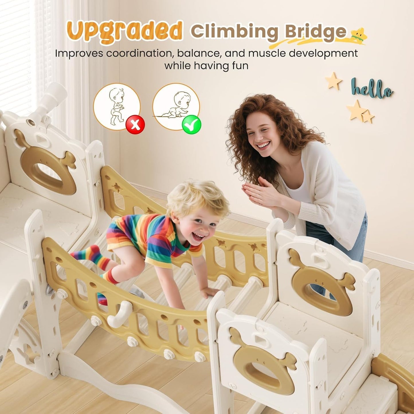 Children's Slide, Large Toddler Slide with Basketball Hoop, Climbing Frame for the Garden, Telescope, Storage Space, for 1-3 Years, Extra Long 1700 mm (7-in-1 Elk Slide Active Model (Khaki)))