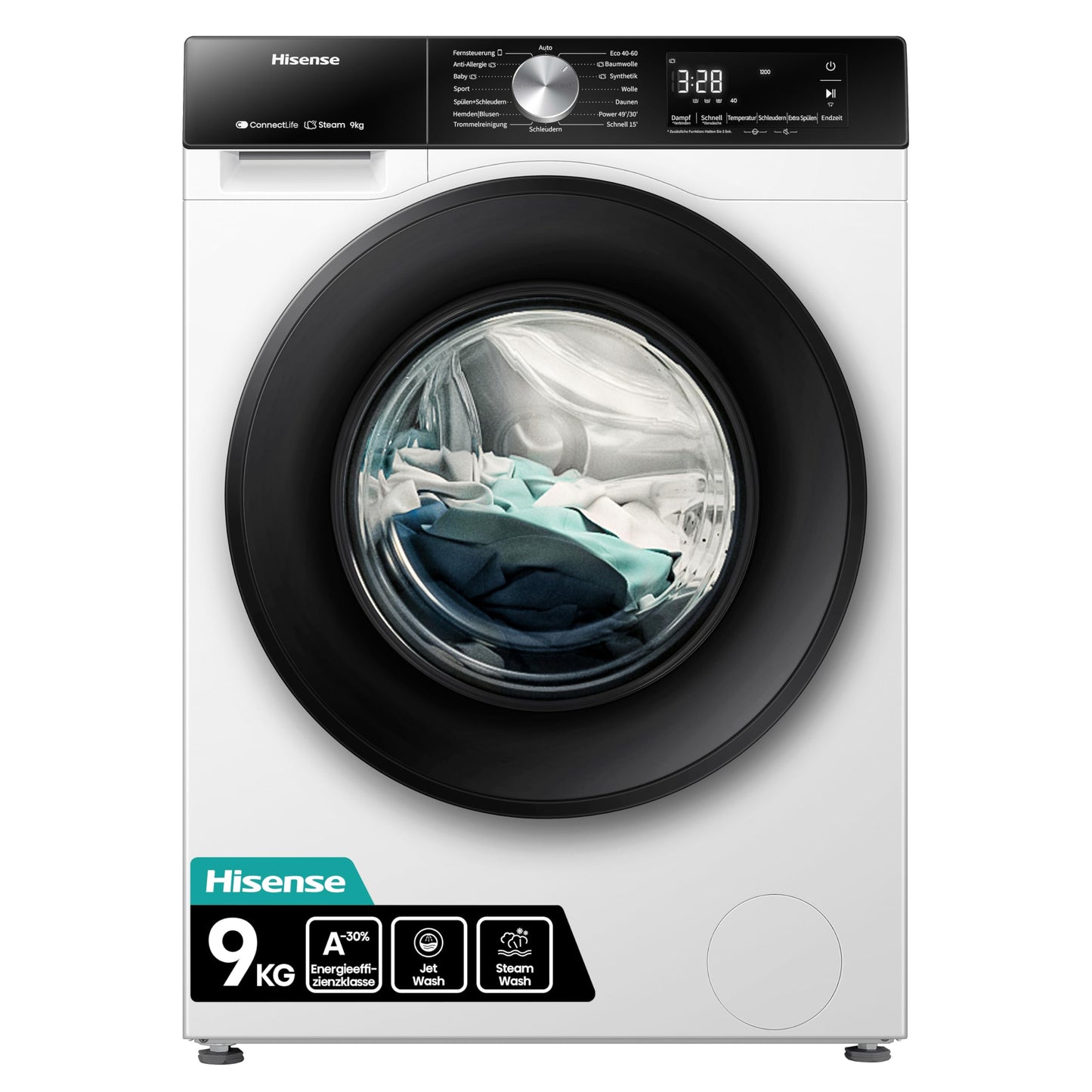 Hisense WF3S8043BB3 Waschmachine mit Dampffunkunktion, 8 kg, 1400 U,min, WIFI, ConnectLife, Power JetWash, Anti-Allergie Programm, Aqua Stop, Auto Wash, Quick Wash, EEK A-30 Prozent