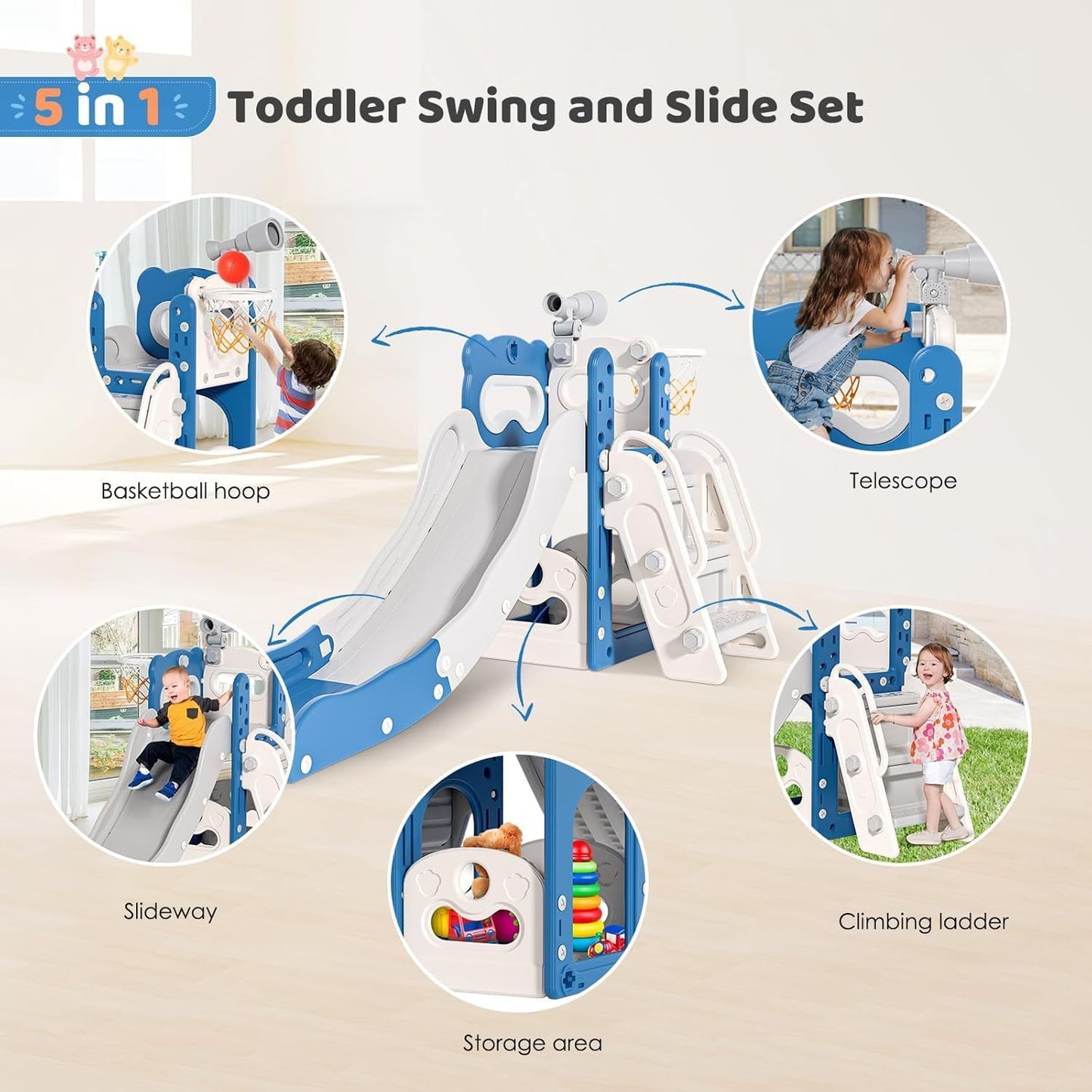 Children's Slide, Large Toddler Slide with Basketball Hoop, Climbing Frame for the Garden, Telescope, Storage Space, for 1-3 Years, Extra Long 1700 mm (7-in-1 Elk Slide Active Model (Khaki)))