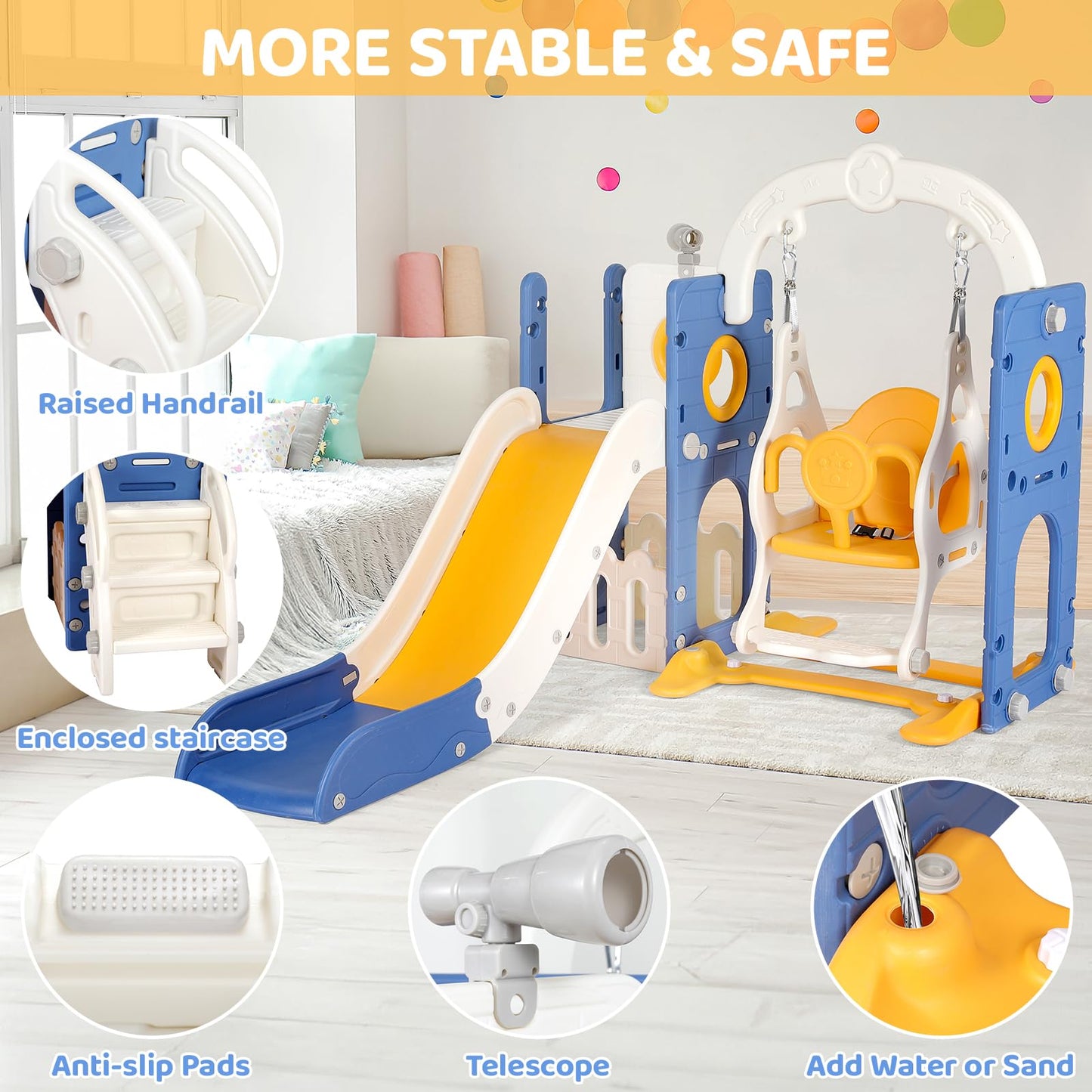 Swing Slide, 5-in-1 Children's Slide with Swing, Climbing Frame, Telescope, Storage, Indoor and Outdoor Freestanding Slide, Playground for Toddlers, for Max 60 kg from 1-6 Years, 2 Pieces Modules